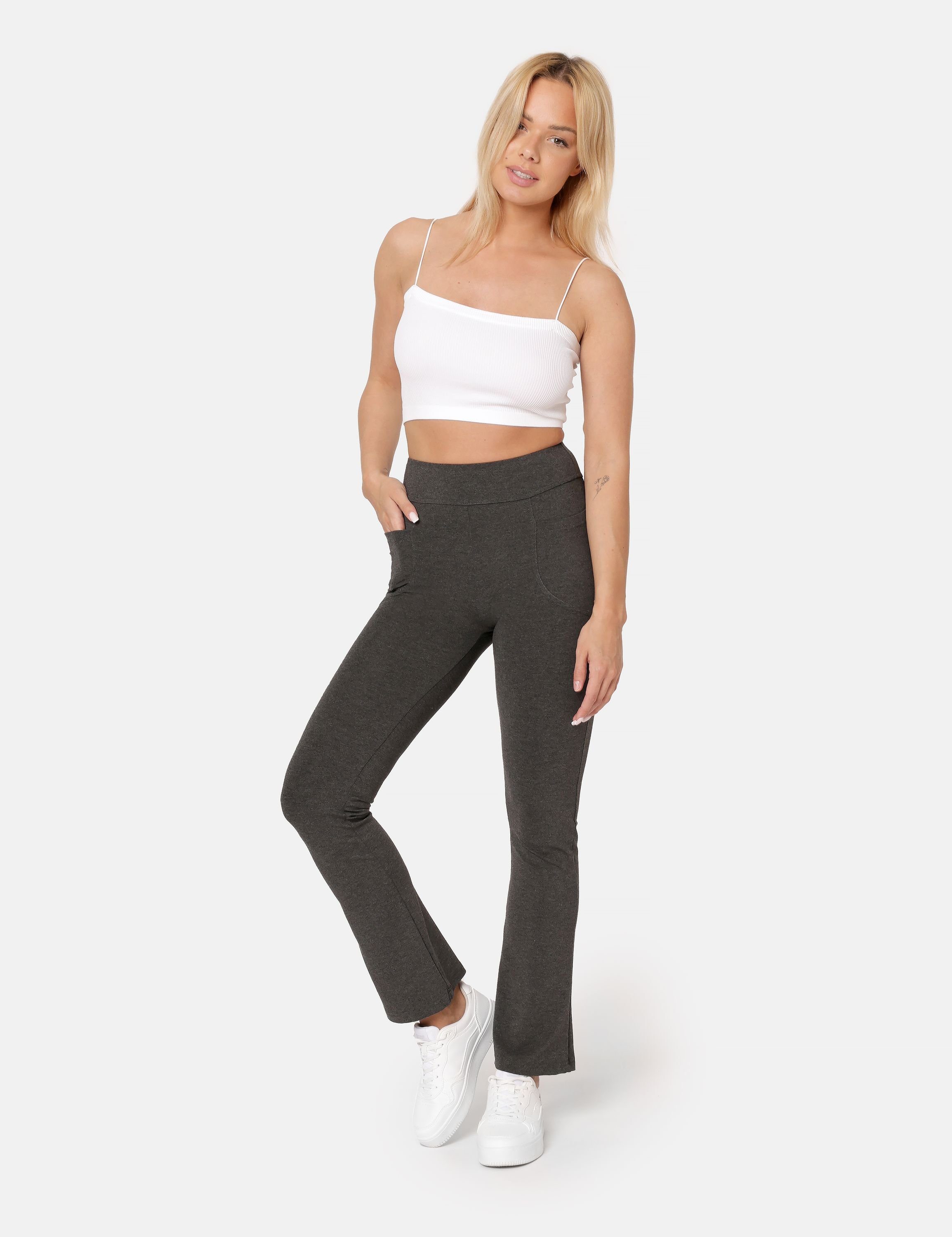 für zwei Damen Hose Bund mit Yogahose elastischer Bellivalini Dunkelmelange Leggings BLV50-282 (1-tlg) Taschen