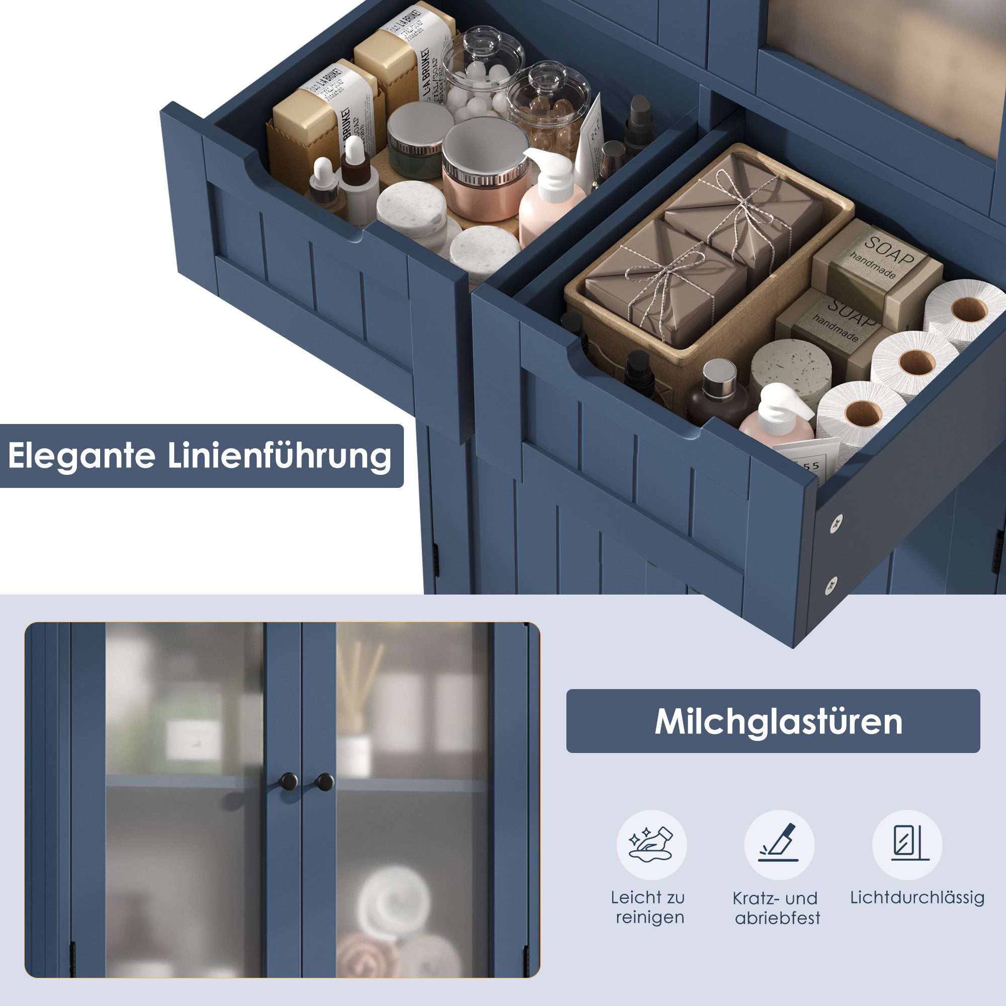 HOMECHO Hochschrank Badschrank mit 4 Türen 2 Schubladen für Küche, Bad, Weiß