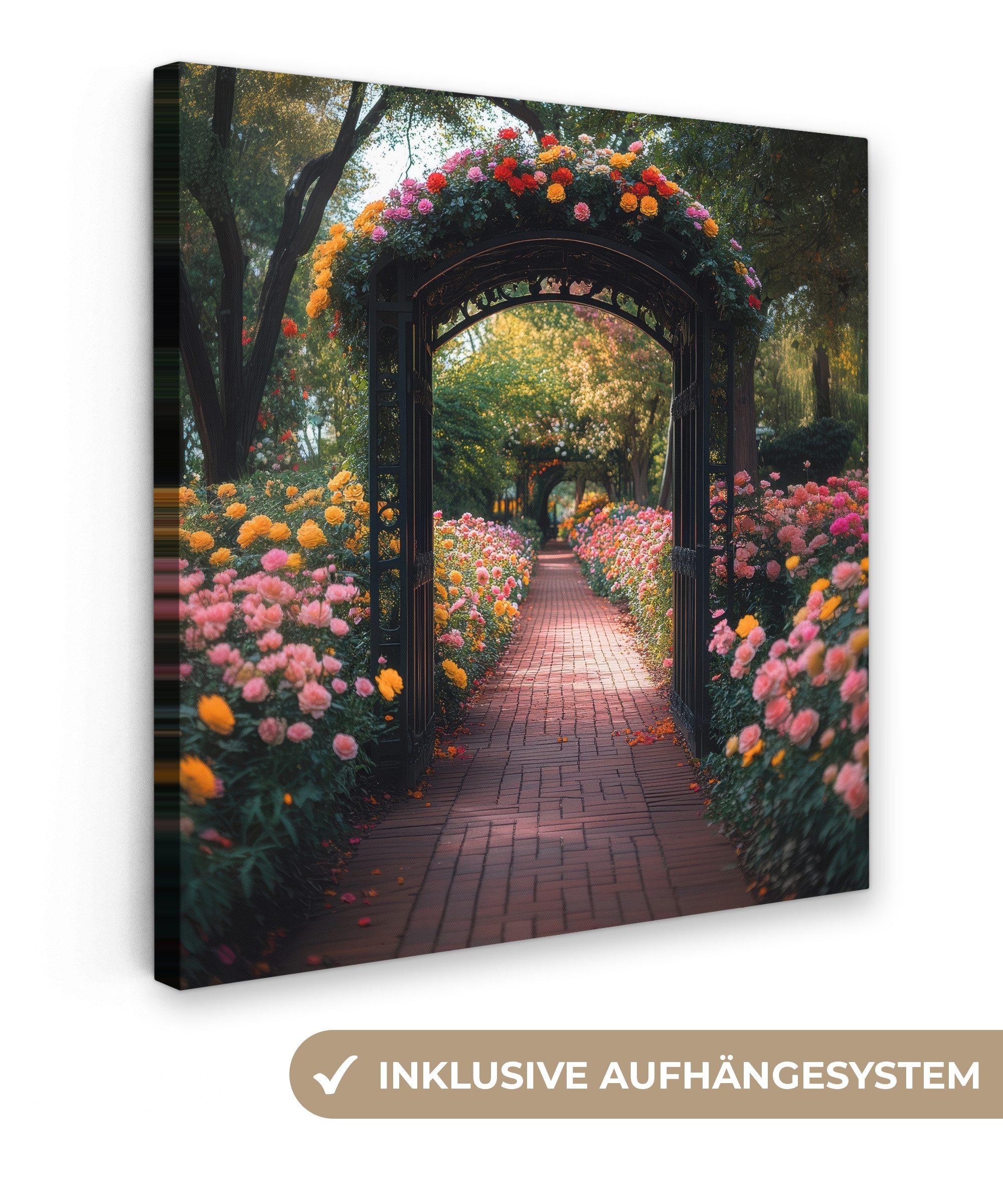 OneMillionCanvasses® Leinwandbild Fensterblick - Fenster - Blumen - Weg - Natur - Farbenfroh, Fotodruck (1 St), Wandbild, Deko Schlafzimmer Wohnzimmer Flur 20x20 cm