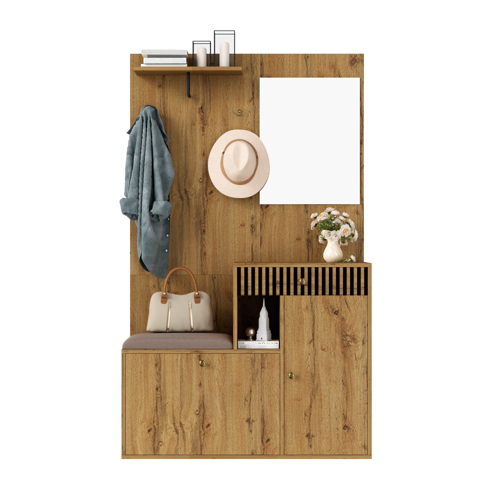 KLAM HOME Garderoben-Set Garderobenset mit Spiegel und Polsterkissen 110x18 günstig online kaufen