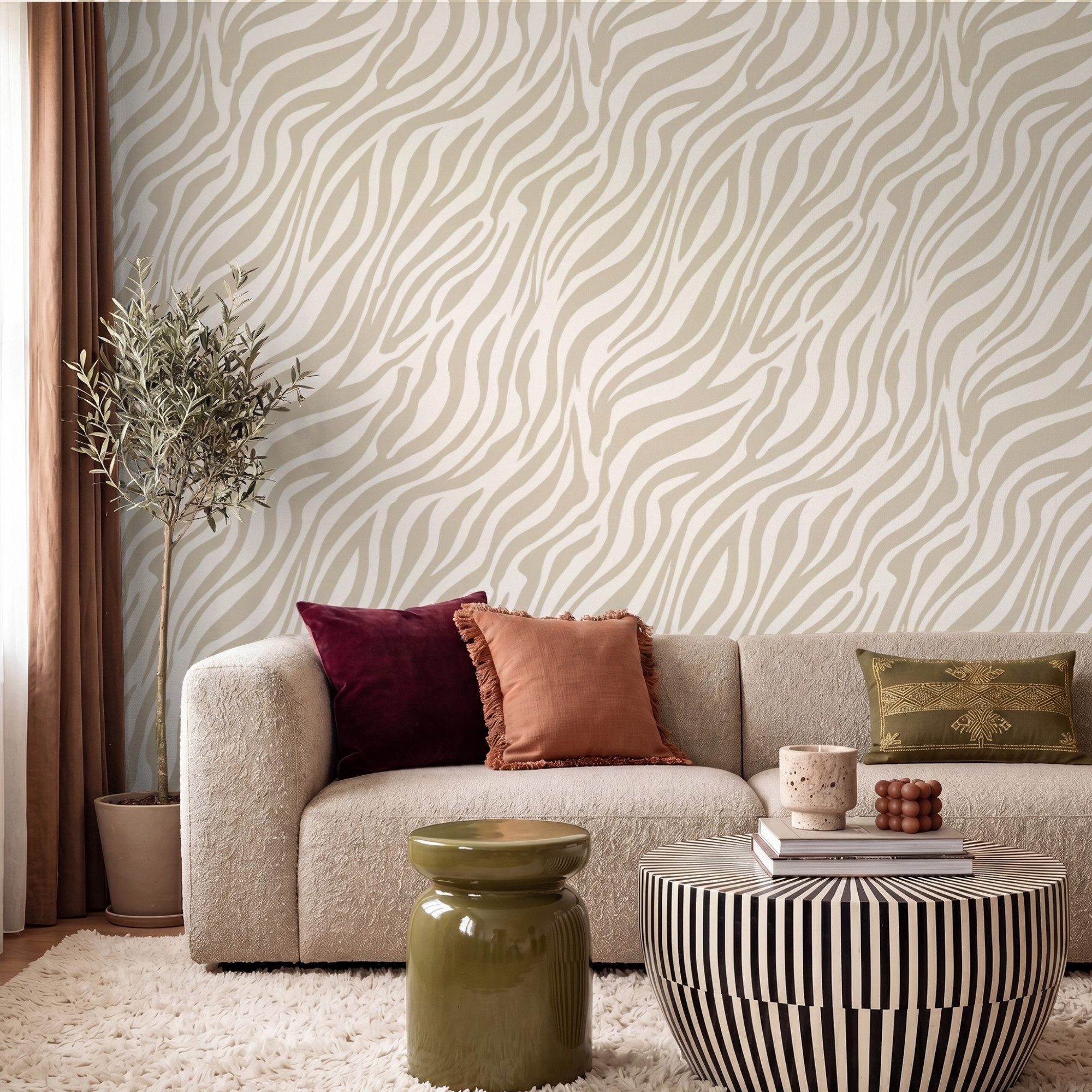 OnlyWow Fototapete Zebra - Muster - Beige, Matt, bedruckt, Wandtapete, Wohnzimmer, Vinyl Tapete 260x220cm
