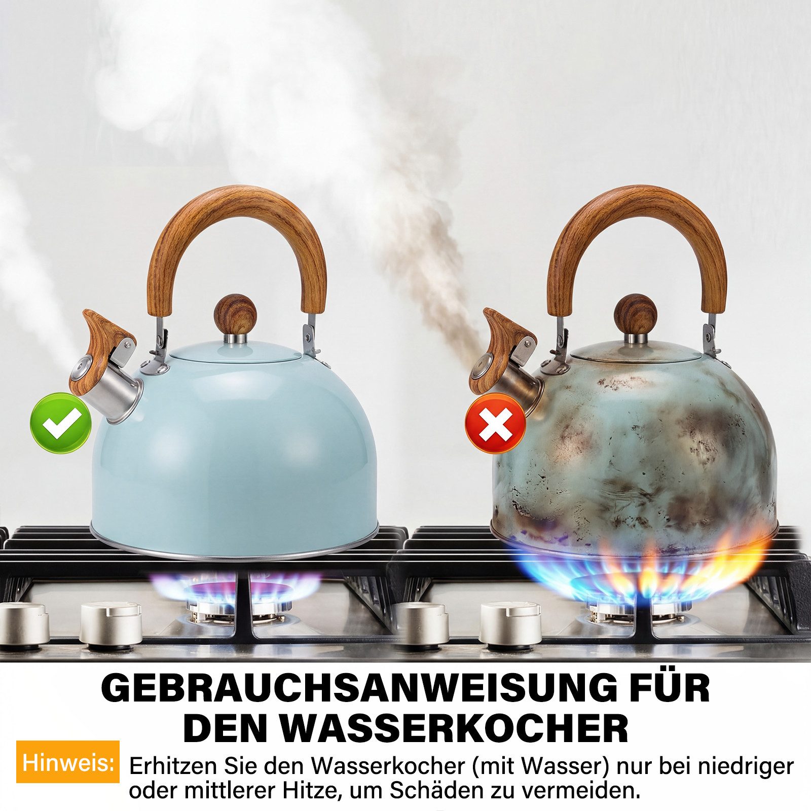 MOPUEA Wasserkessel Pfeifkessel 3L Edelstahl Wasserkessel mit Pfeifton Holzgriff Induktion, (1-tlg., Verbesserte Version 3 Liter), pfeifende Teekanne geeignet für alle Herdarten Teekessel groß