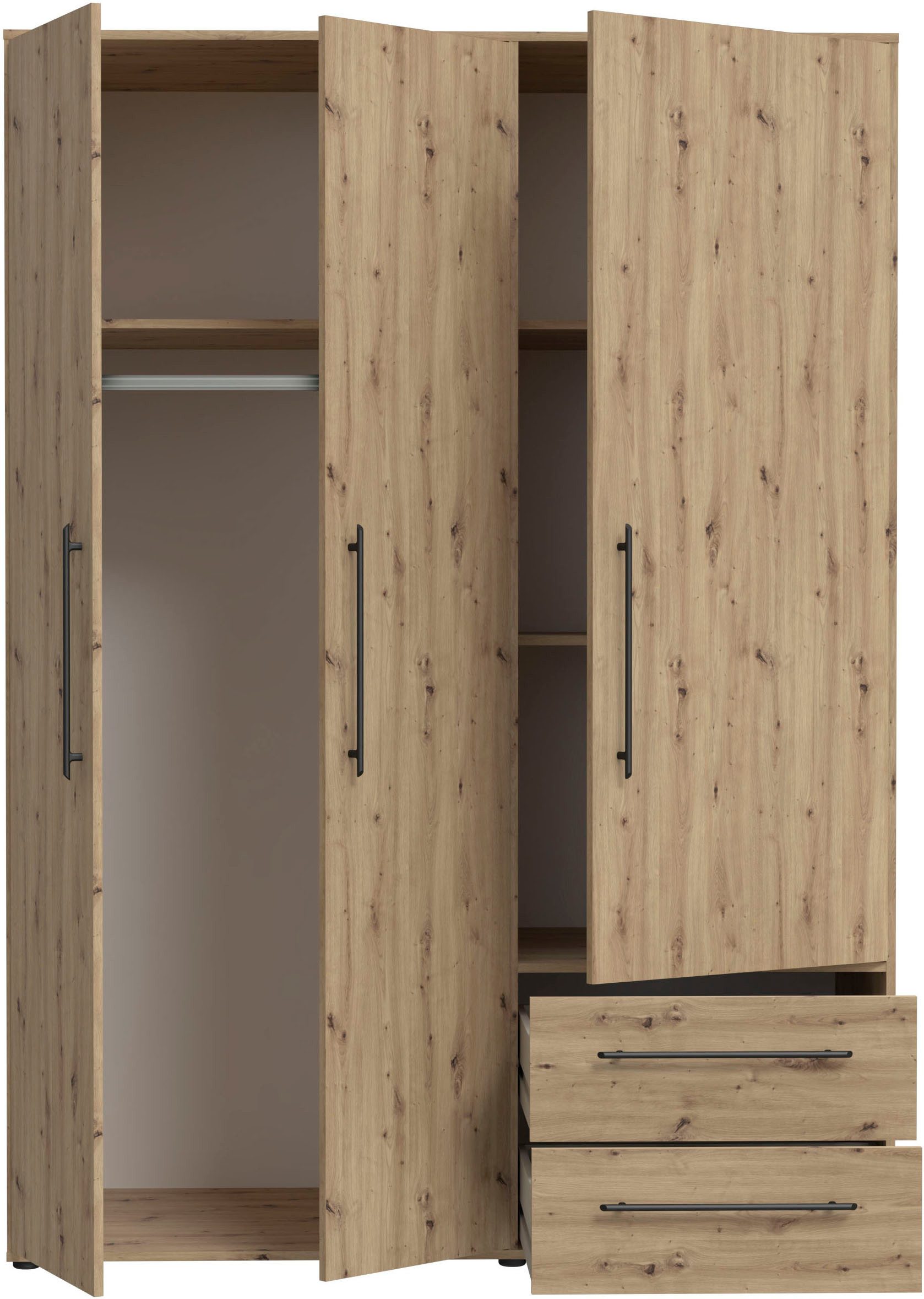 FORTE Kleiderschrank Mokkaris, Garderobe, zeitloses Design, 3 Türen, Made in Europe (B/H/T ca. 144x200x59cm) Zwei Schubladen, schwarze Stangengriffe, Stauraum,  – Bild 3 von 5