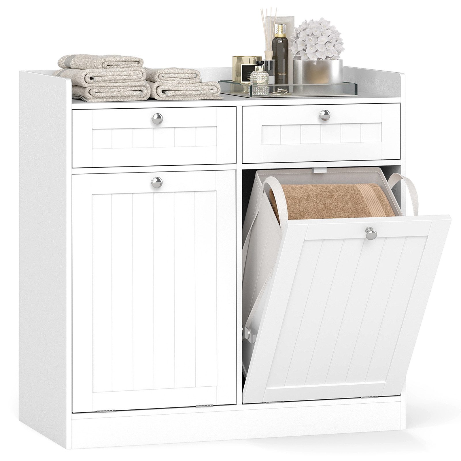 COSTWAY Wäscheschrank Kippbar Badezimmerschrank mit Schublade & Wäschesack, weiß