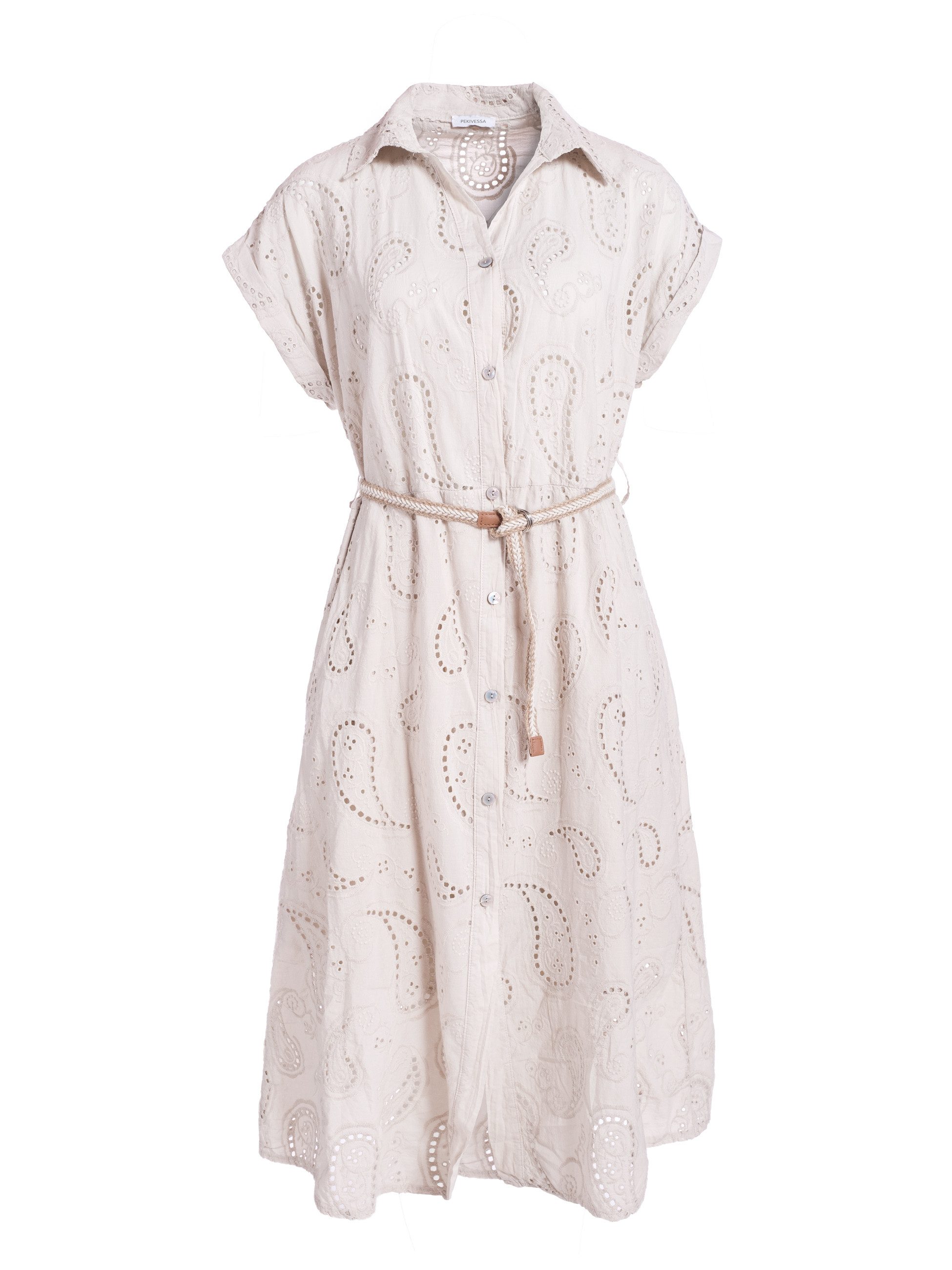PEKIVESSA Sommerkleid Hemdblusenkleid mit Lochstickerei und Gürtel in Midilänge