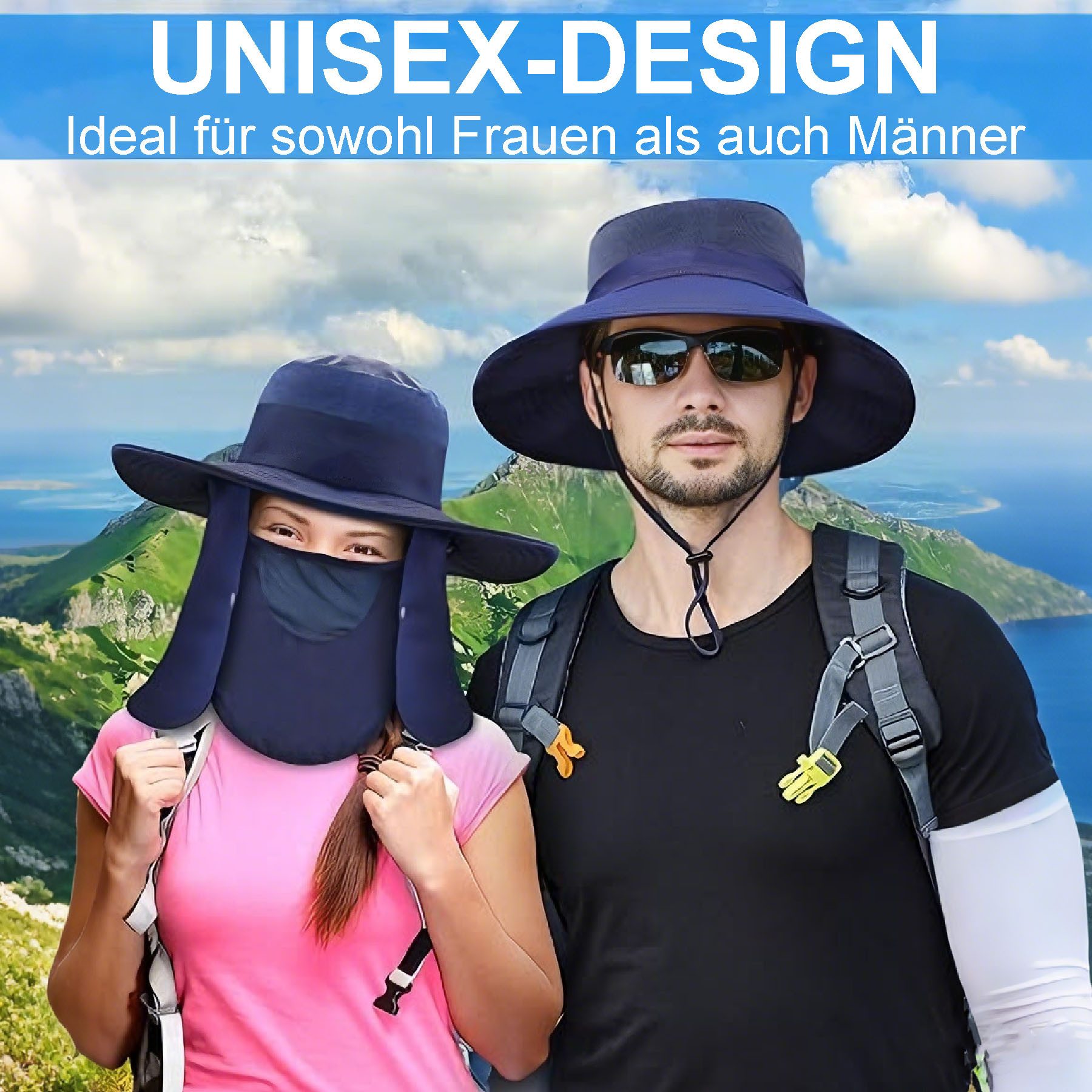 Mutig Sonnenhut Sonnenhut mit Abnehmbarer Halsklappe,Nackenklappe UV-Schutz Sonnenhüte (Herren & Damen Sommer Fischerhut mit Nackenklappe Sonnenschutz Kappe, Wide Brim Mesh Sun Hat, Safari Hat, Foldable,Verstellbarer Kinnriemen) Schutzhüte Wanderhut für Außenbereich, Camping, Wandern, Gehen, Reisen