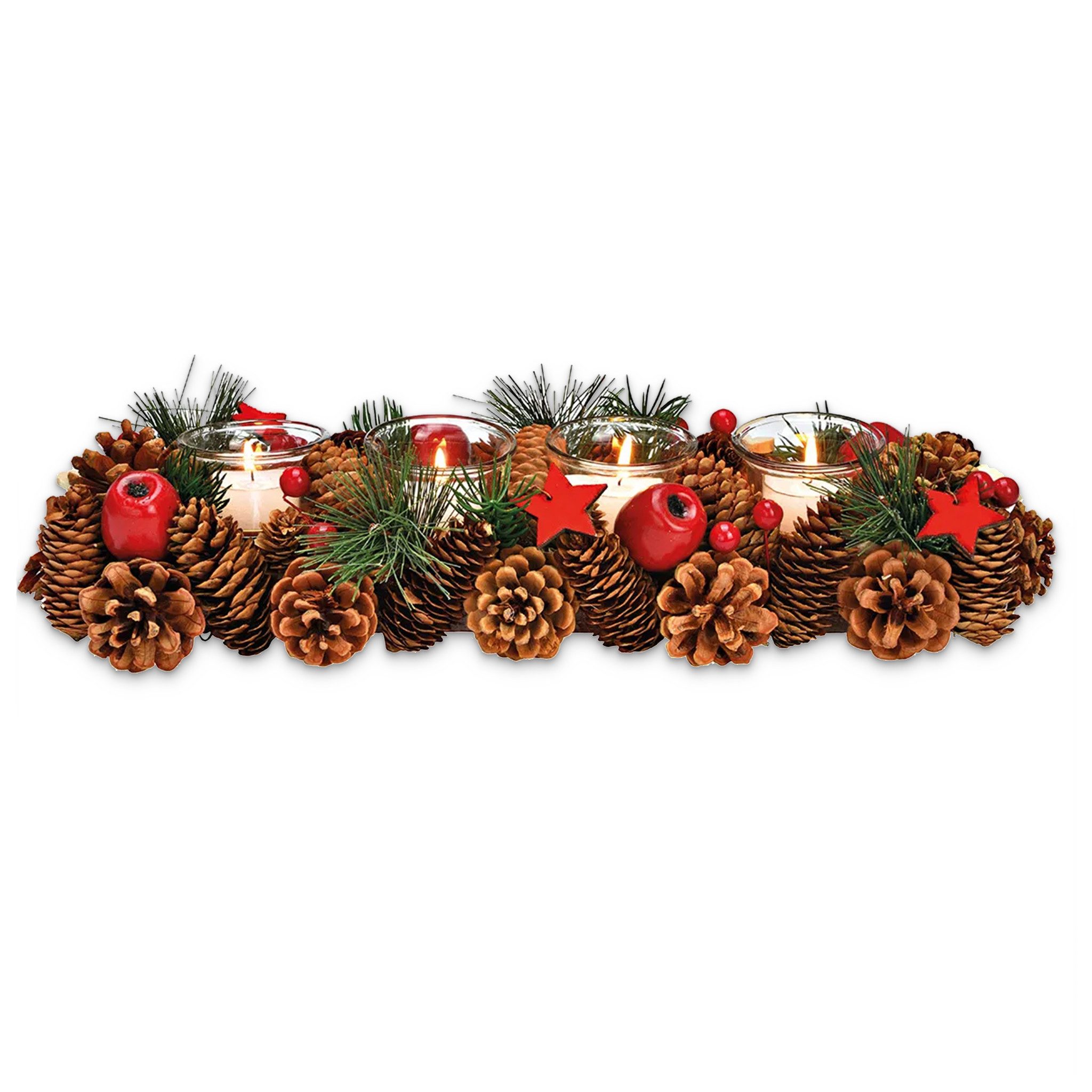 matches21 HOME & HOBBY Adventskranz Holz-Deko Adventsgesteck 40 cm Teelicht-Halter grün rot, Weihnachtsdeko Teelichthalter als längliche Tisch Kerzen-Deko