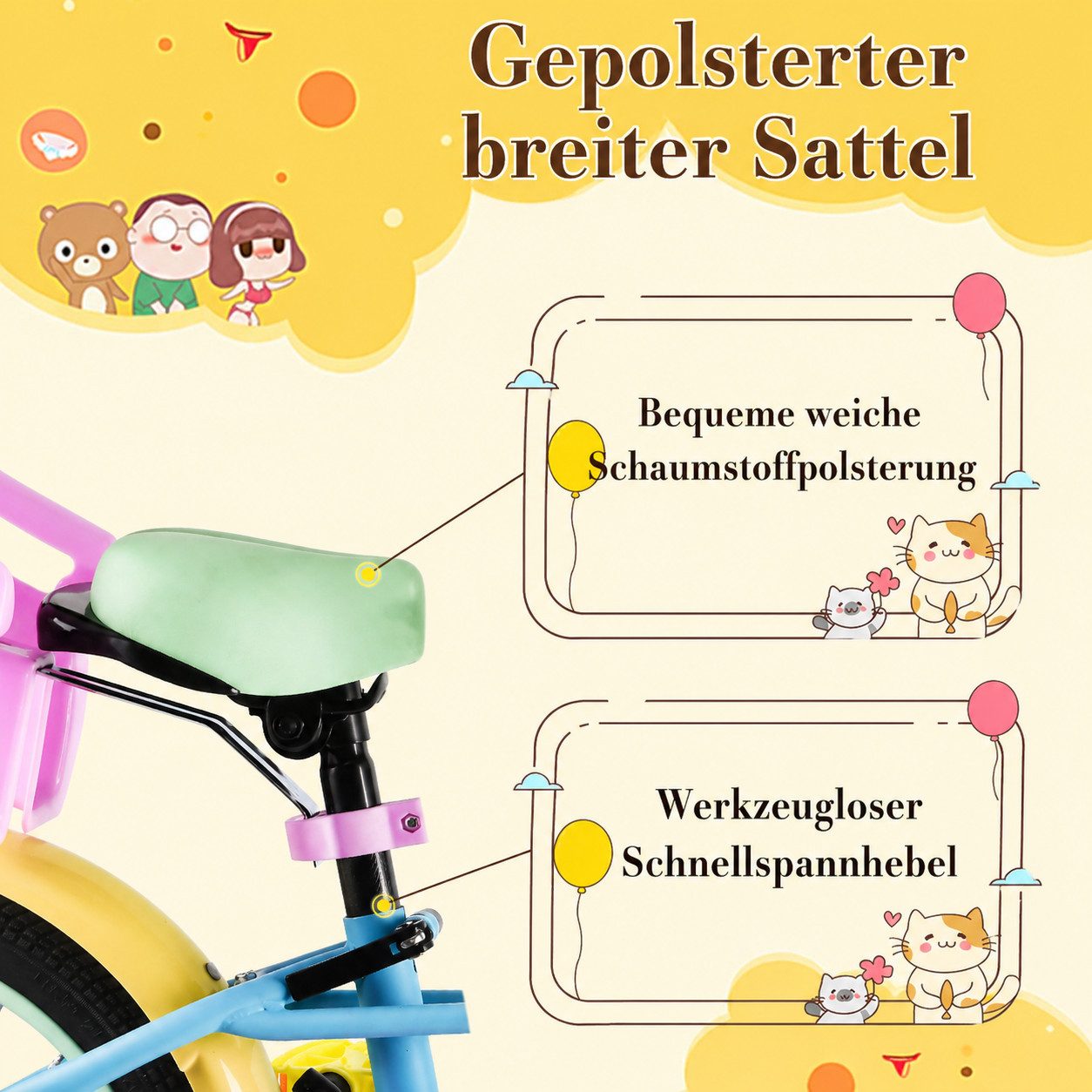 Vankel Kinderfahrrad Mädchen 12–16 Zoll mit Korb & Stützrädern, 1 Gang, Puppensitz, Lenkerfransen, Klingel und Schutzblechen