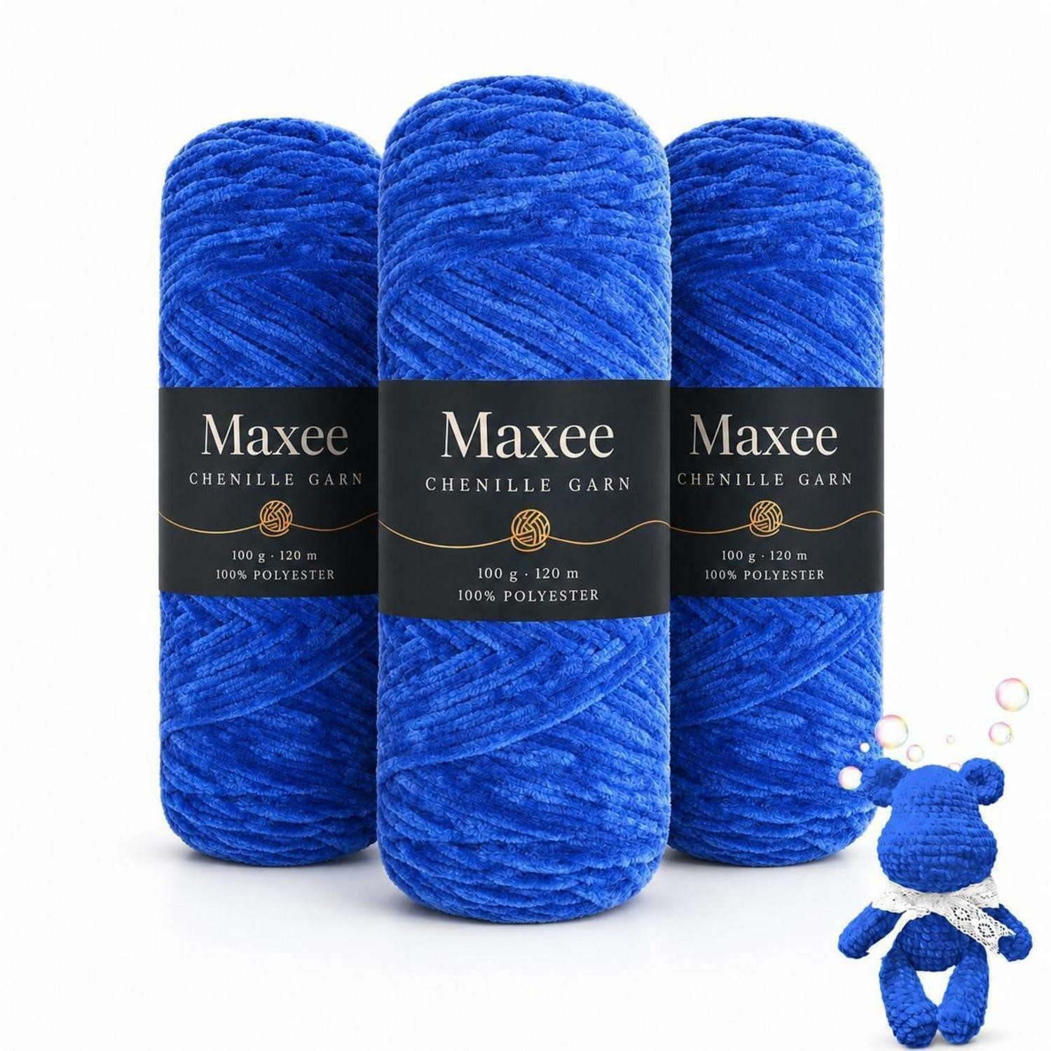 LuxusKollektion Chenille Garn 300g Königsblau Samtig Häkelwolle, (3-St)