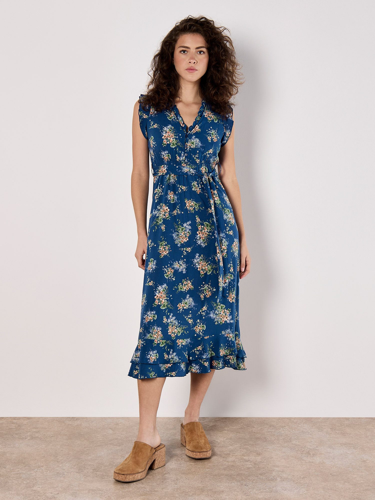 Apricot Druckkleid Geblümtes Midikleid (2-tlg., mit Bindeband) mit Rüschen und Bindegürtel – Bild 5 von 5