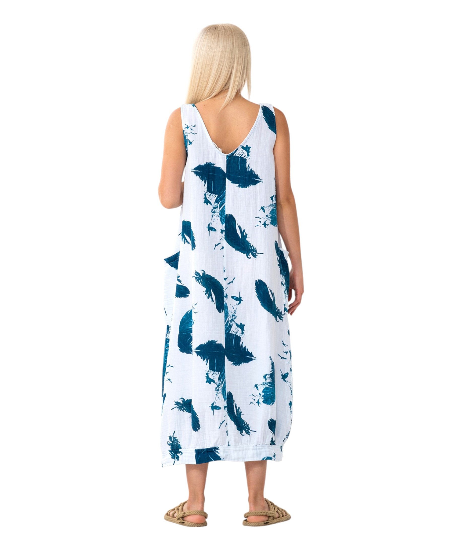 WENOR Sommerkleid Damen Musselin Strandkleid ärmellos 100 % Baumwolle mit Taschen Ballon-Saum, große Taschen, Einheitsgröße