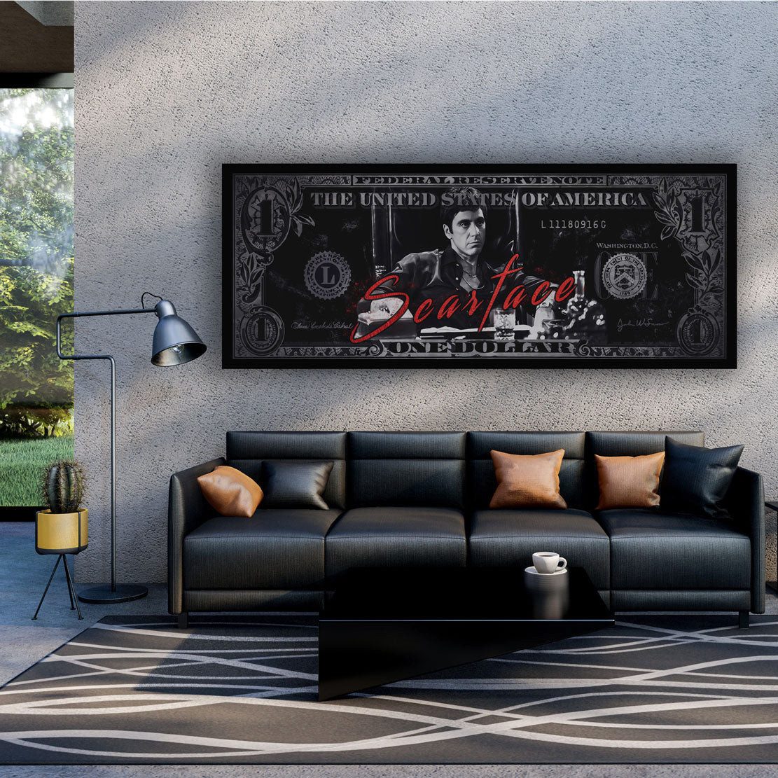 Artedinoi Leinwandbild Bildertrends24 Scarface Dollar Motiv Erfolg Leinwandbild Wandbild Film, Gangster mit Dollarscheinen