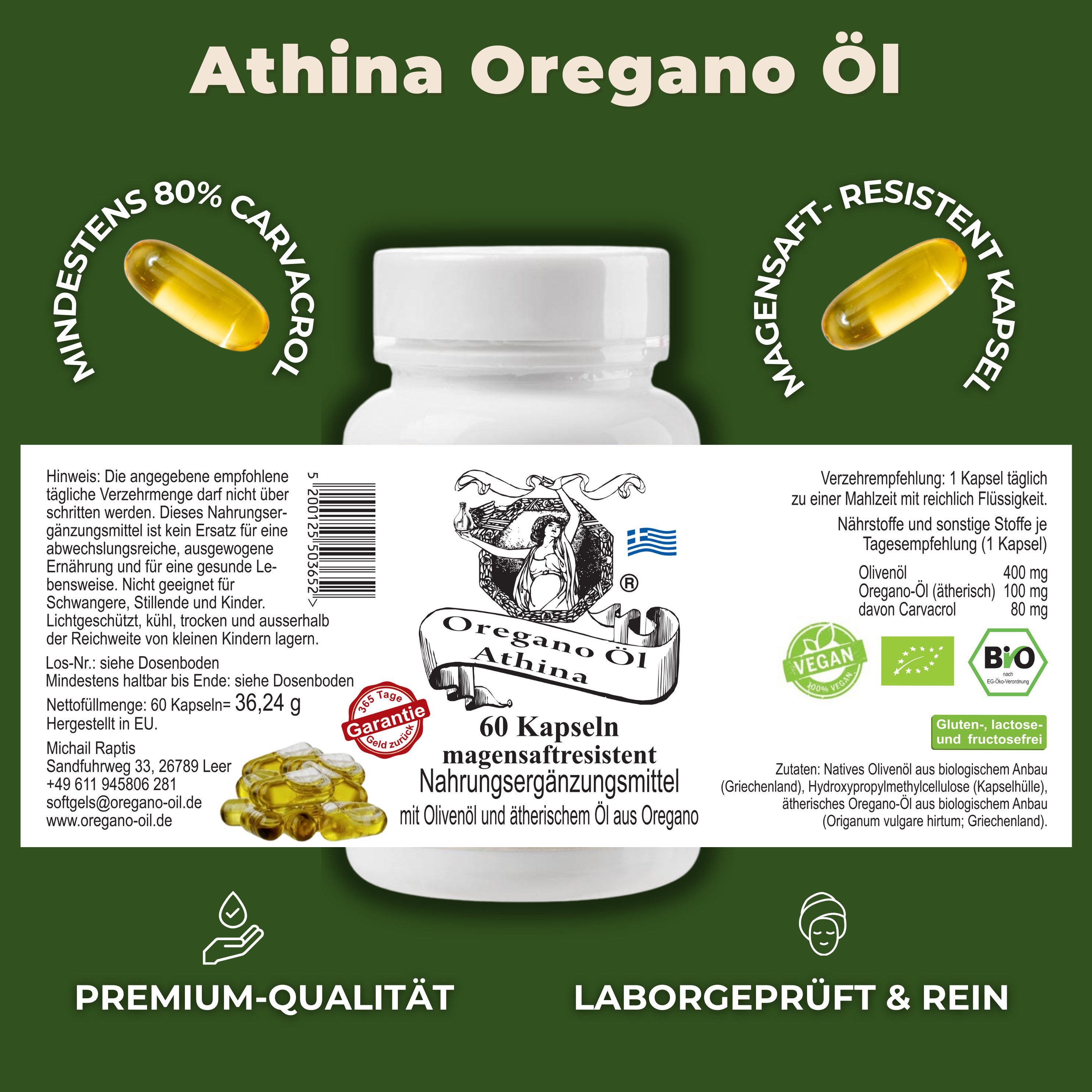 Athina Oregano Öl Vegan Bio magensaftresistent Kapseln, 36 g
