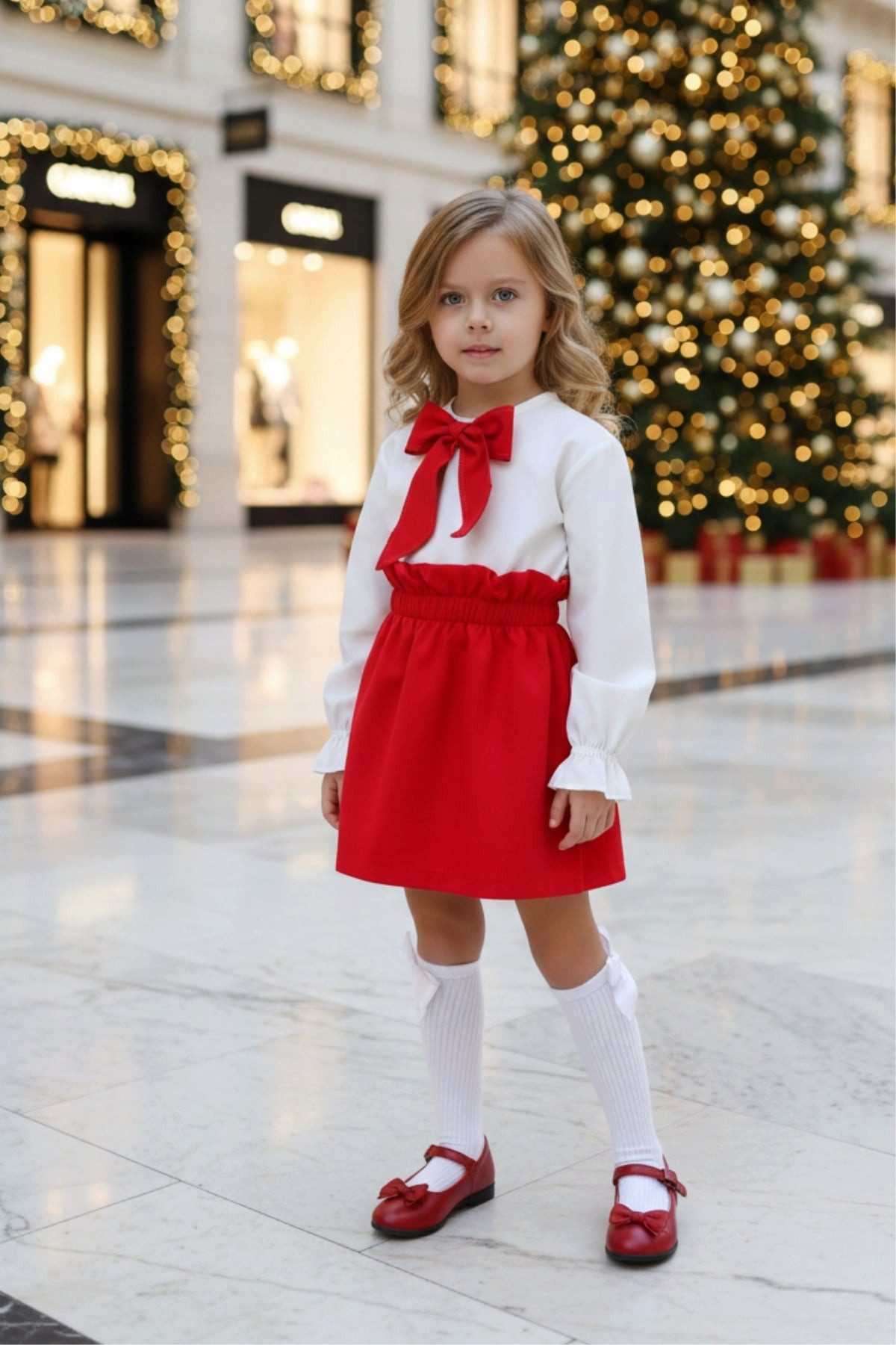 Parla Kids Shirt & Rock Set Laura - roter Rock mit Raffung und weißer Bluse mit roter Schleife
