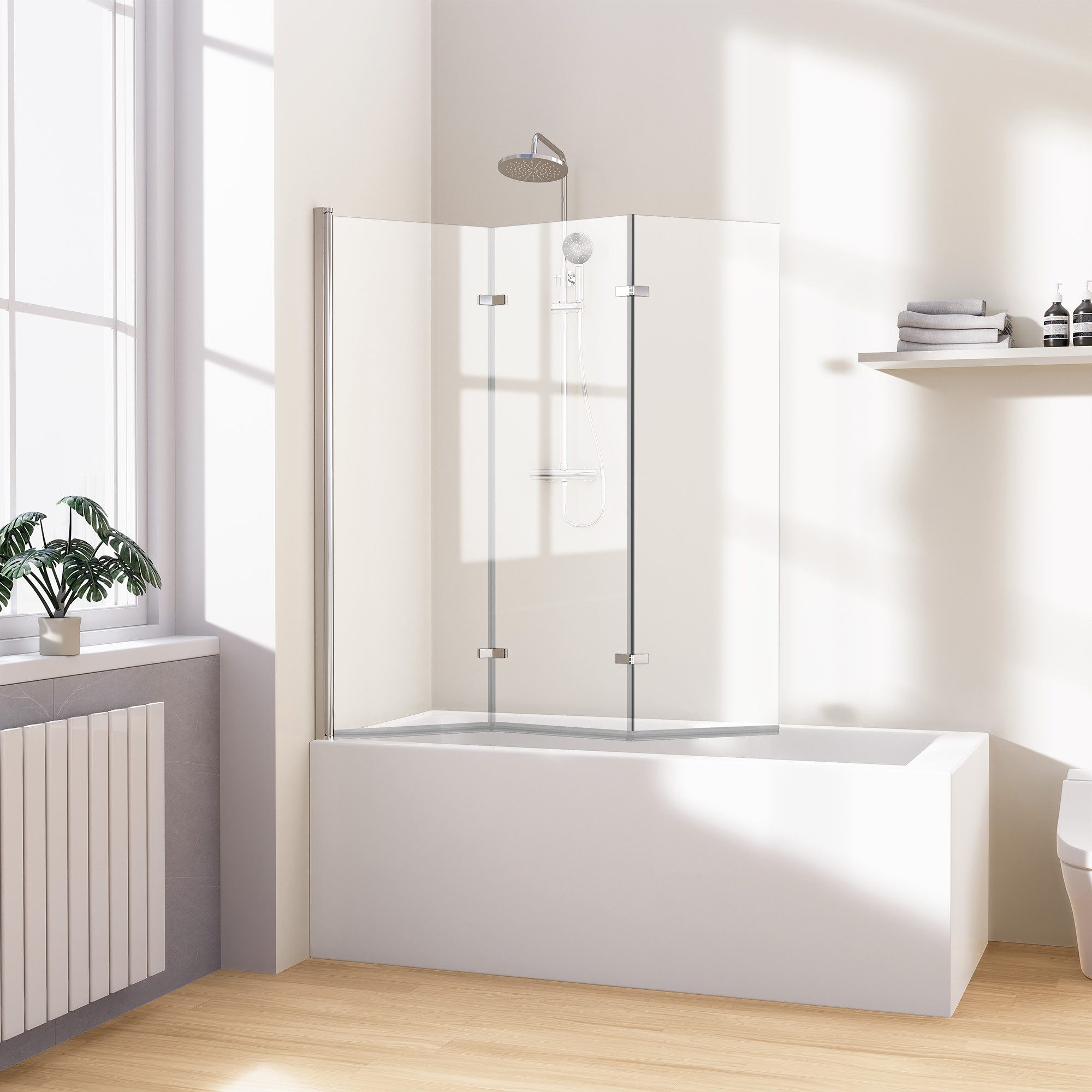 MEYKOERS Badewannenaufsatz 3-teilig Faltbar Duschabtrennung Badewanne Faltwand Duschwand, Sicherheitsglas, (120 x 140 cm, 130 x140 cm), Aluminium Wandprofil Chrom, Einscheibensicherheitsglas, Wasserdicht