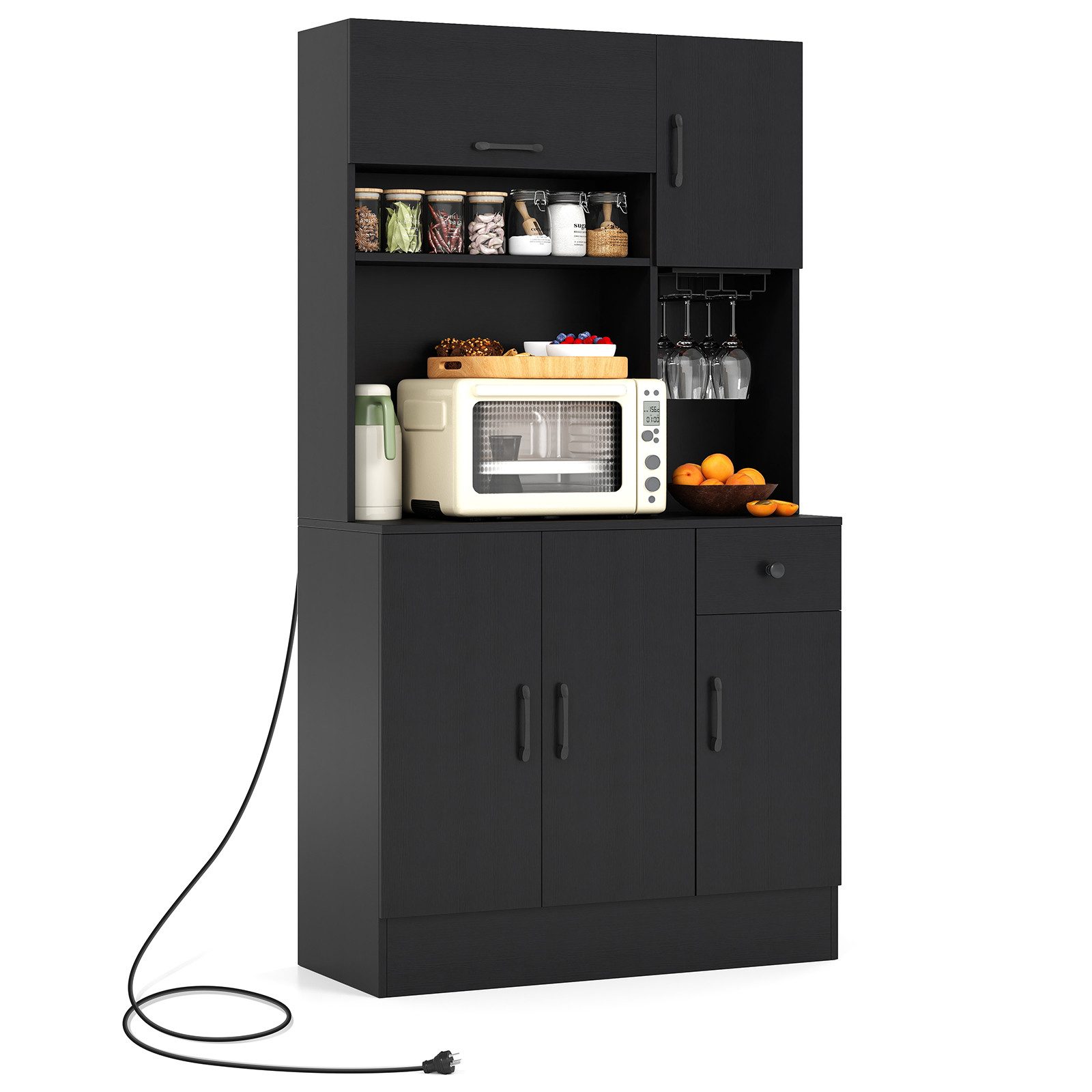 COSTWAY Küchenbuffet Schrank Hoch mit Steckdosen, Arbeitsplatte Braun günstig online kaufen