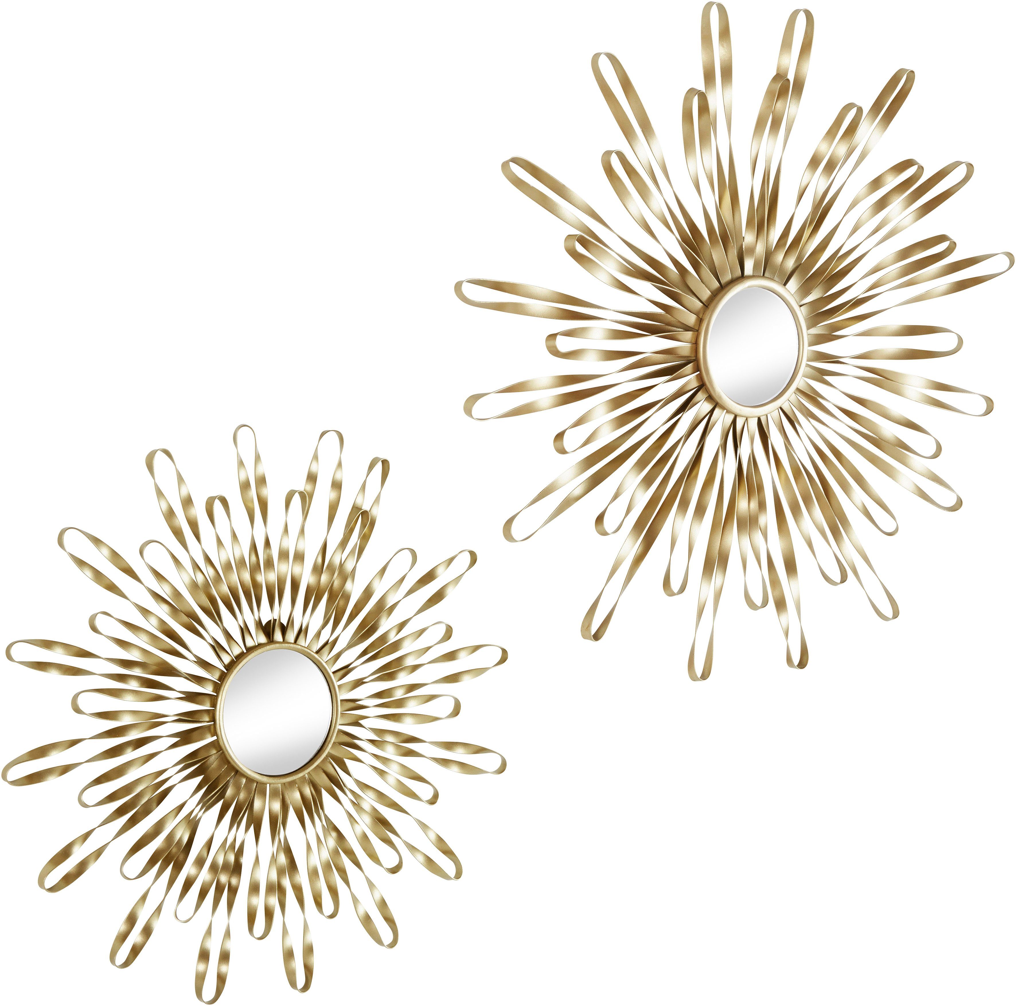 OTTO home Wanddekoobjekt Sonne, goldfarben, im 2er Set: 35 und 46cm (2er-Set), Wanddekoration aus Metall mit kleinem Spiegel in der Mitte