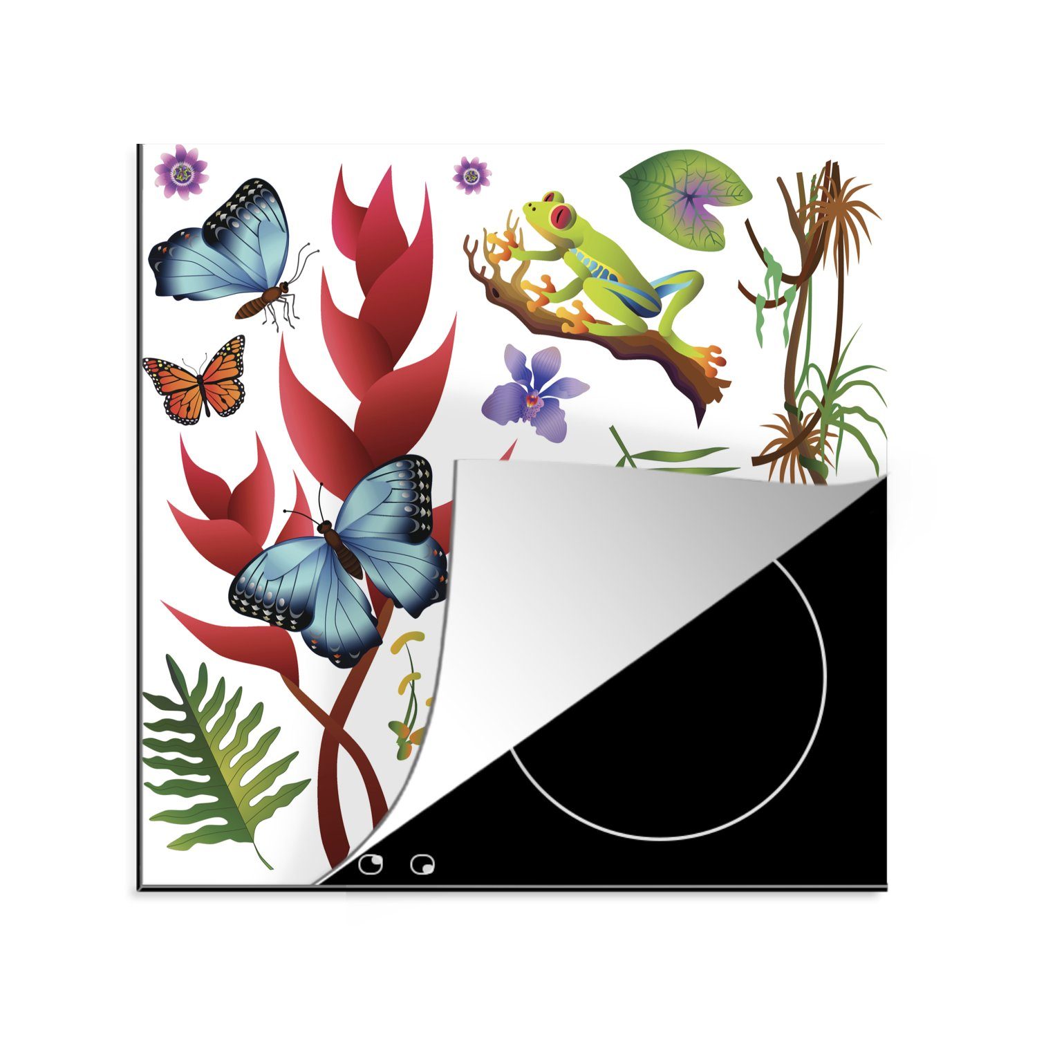 MuchoWow Herdblende-/Abdeckplatte Eine Illustration eines rotäugigen Frosches, umgeben von Tieren, Vinyl, (1 tlg), 78x78 cm, Ceranfeldabdeckung, Arbeitsplatte für küche