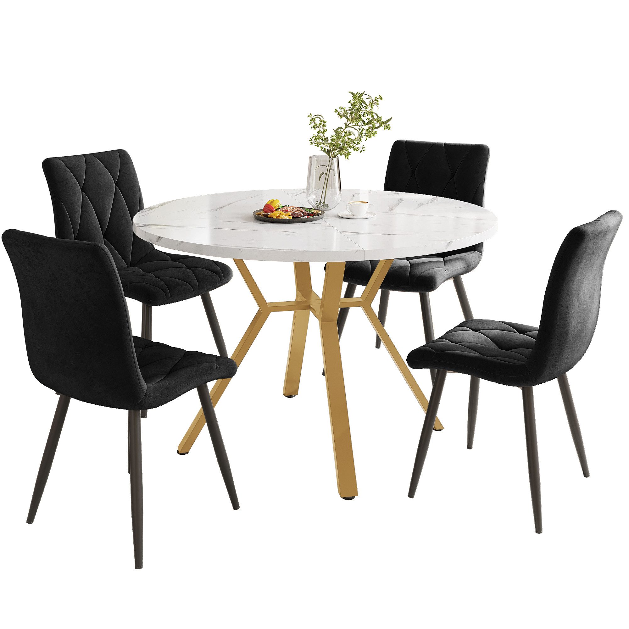 i@home Essgruppe rundes Esstisch aus Marmor mit 4 Samtstühle, grau/schwarz/ günstig online kaufen