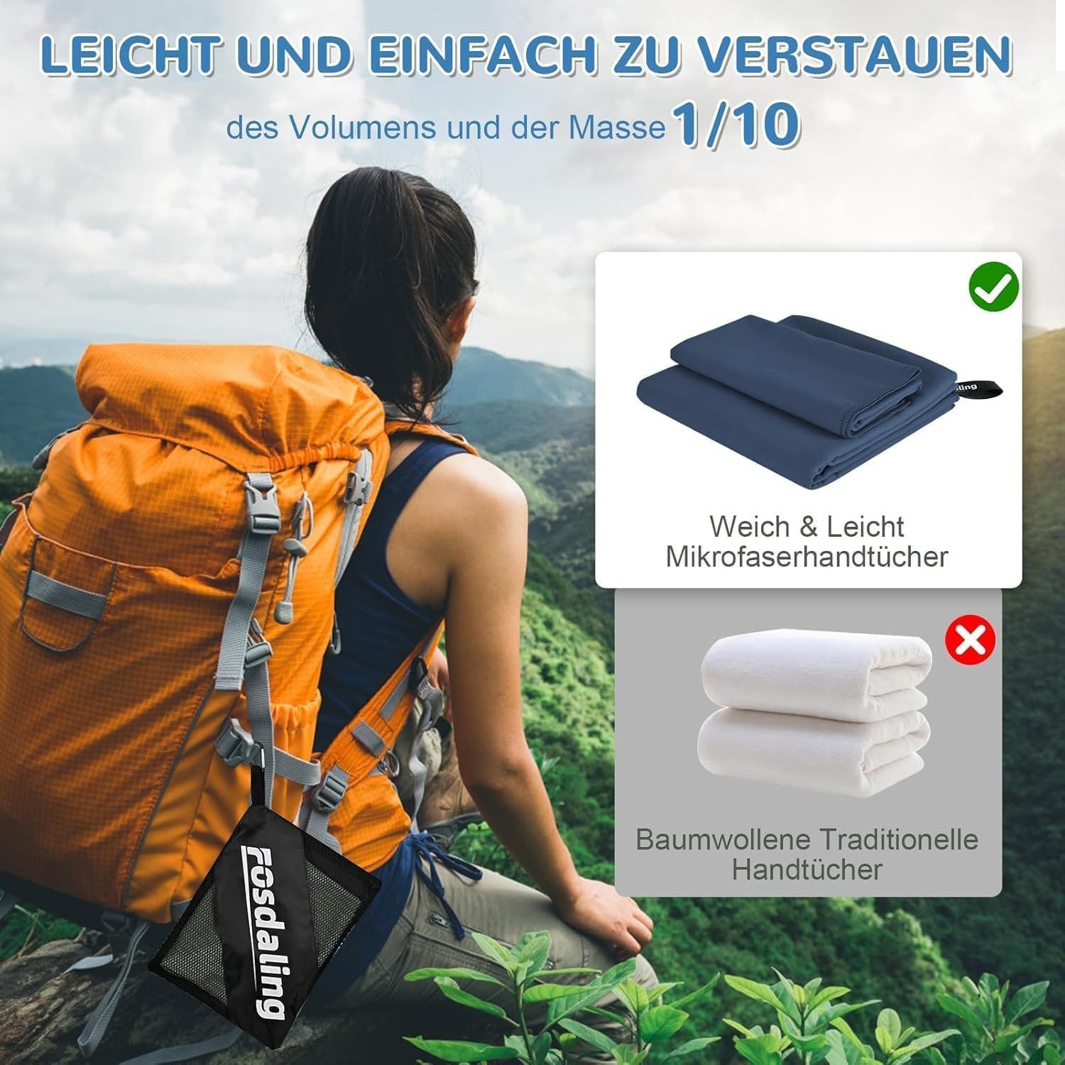 Forrlite Sporthandtuch Mikrofaser Handtuch 3er Set, schnelltrocknend, für Sport & Reise, (40 × 40 cm, 40 × 80 cm & 76 × 152 cm, Microfaser Sporthandtuch, Badetu – Bild 5 von 5