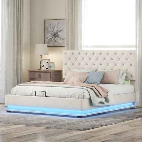 REDOM Polsterbett Doppelbett mit LED in diversen Farben (Stauraumbett mit Hydraulisch, Bettkasten & Lattenrost-Bezug, Verstellbares Kopfteil,Beige, 140x200cm)