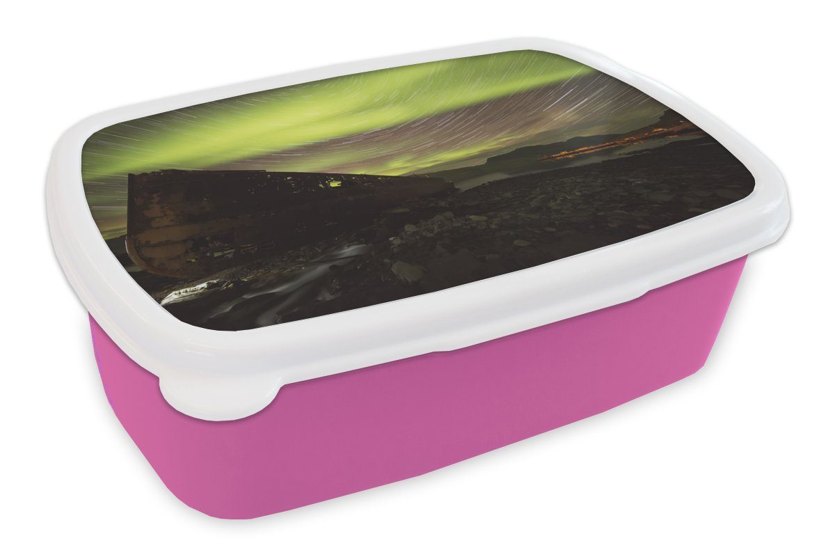 MuchoWow Lunchbox Nordlichter - Sterne - Island, Kunststoff, (2-tlg), Brotbox für Erwachsene, Brotdose Kinder, Snackbox, Mädchen, Kunststoff rosa