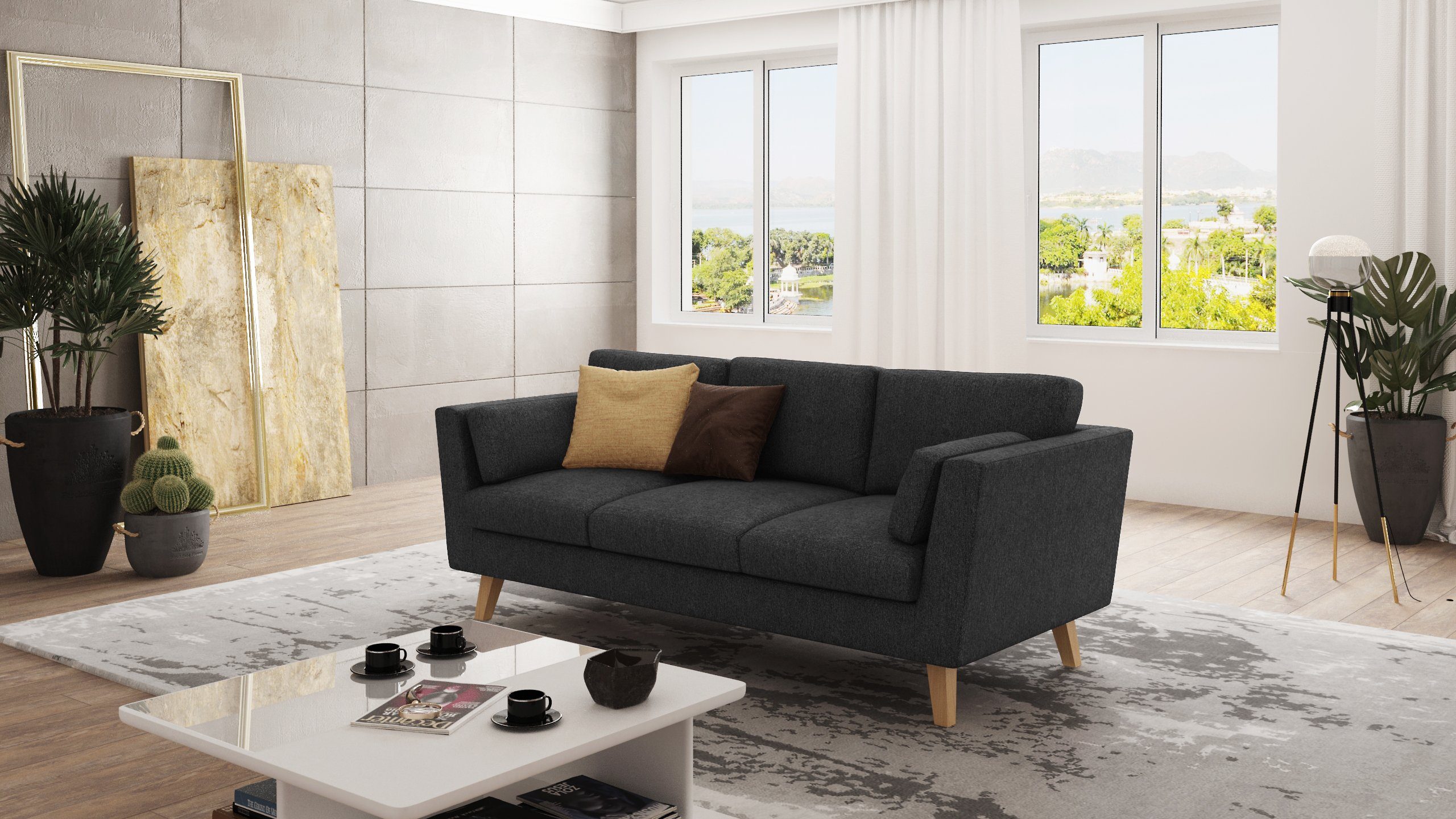 S-Style Möbel 3-Sitzer Sofa Angeles mit Holzfüßen im skandinavischen Stil, mit Wellenfederung