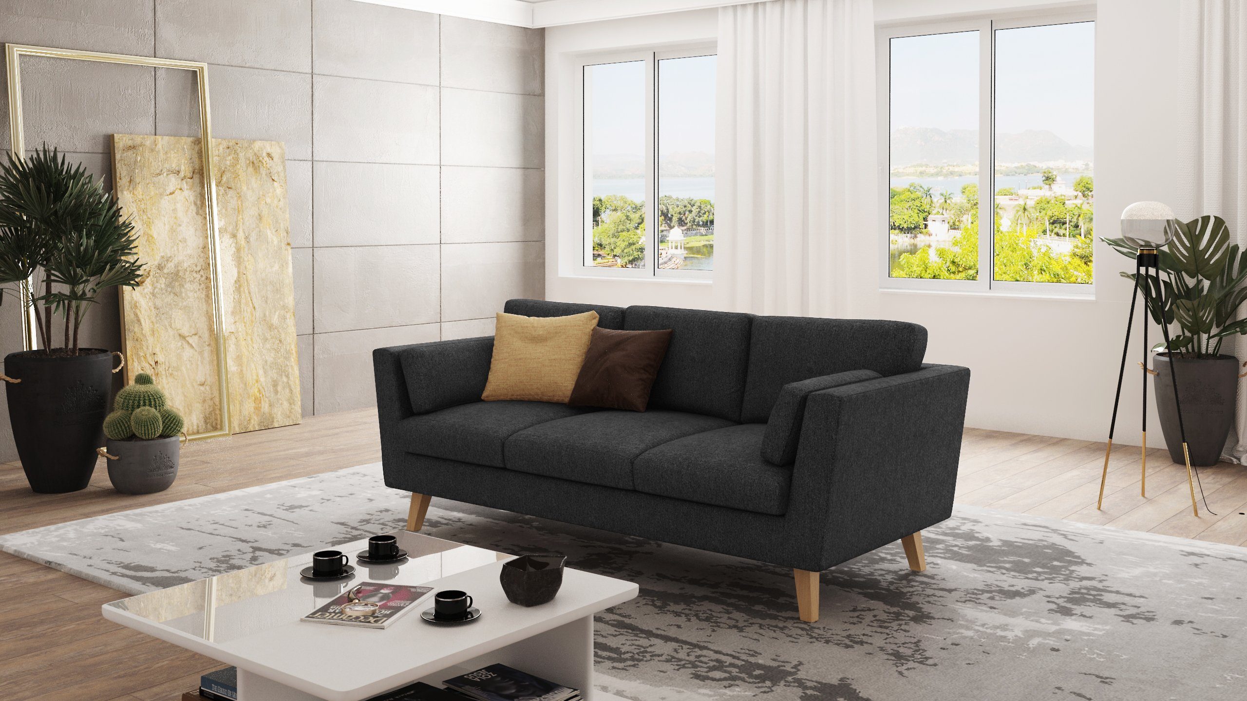 S-Style Möbel 3-Sitzer Sofa Angeles im skandinavischen Design, mit Wellenfederung Graphit