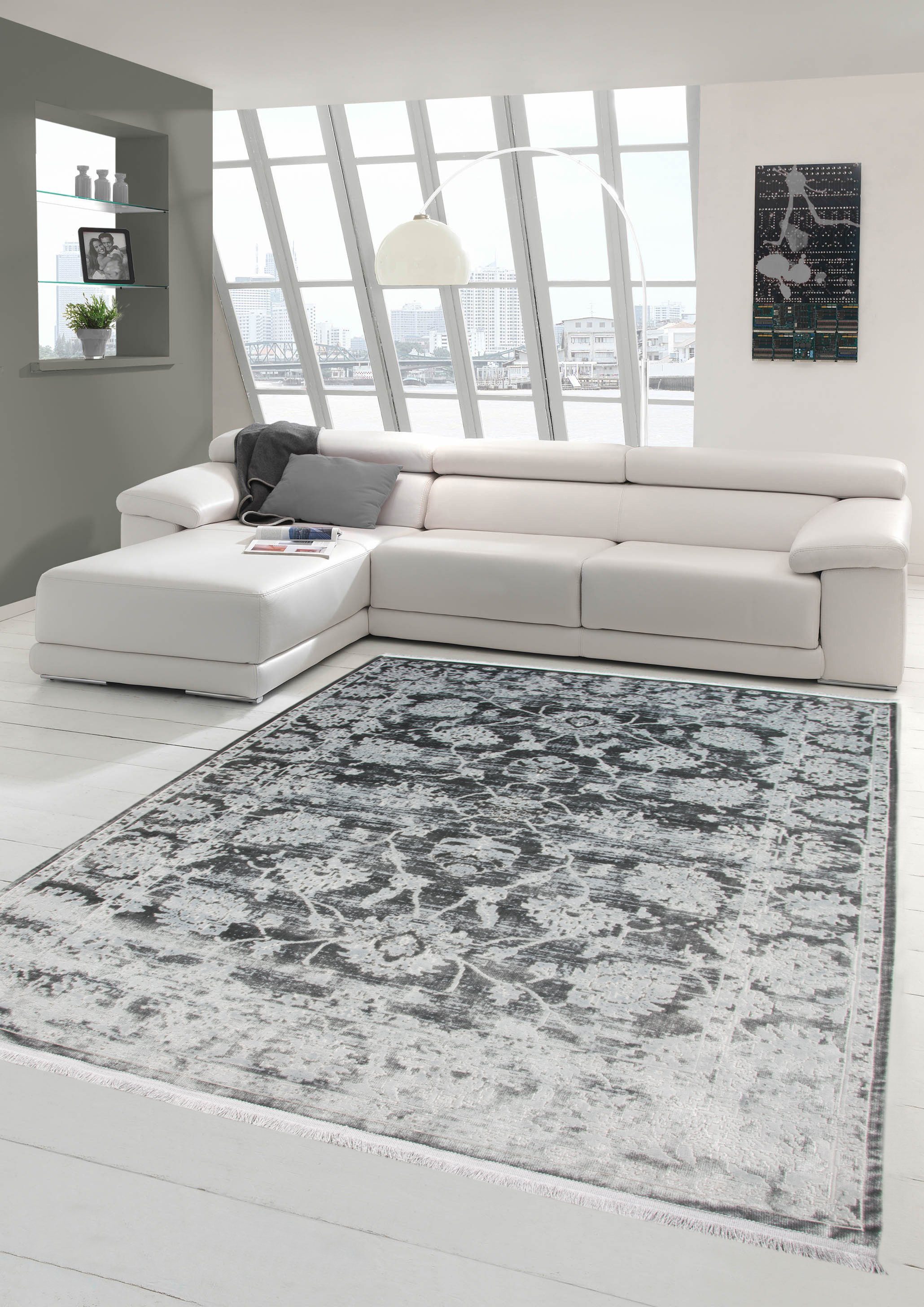 Teppich Vintage Teppich modern Wohnzimmerteppich Designteppich mit Fransen  in Grau, Teppich-Traum, rechteckig, Höhe: 5 mm