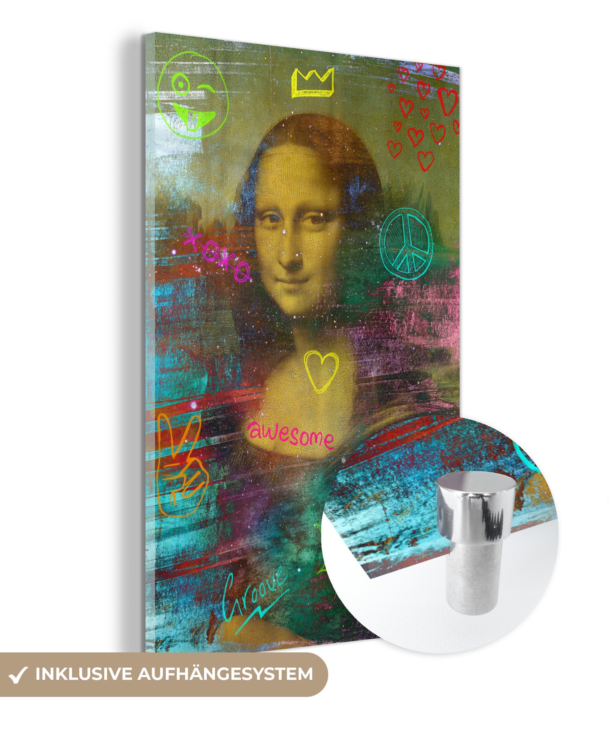 Foto Glasbilder auf - - - da Leonardo - auf Bilder - Vinci bunt Mona Lisa (1 Neon, Glas Glas Wandbild MuchoWow St), Wanddekoration Acrylglasbild