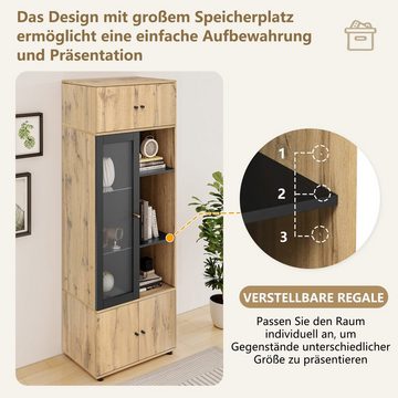 REDOM Vitrine Standvitrinen 185 cm hohe holzimitatfarbene Vitrine (Vitrine mit großen Stauraum, stehend mit schwarzen Flügeltüren) oben 2 Türschränke, unten 2 Türschränke