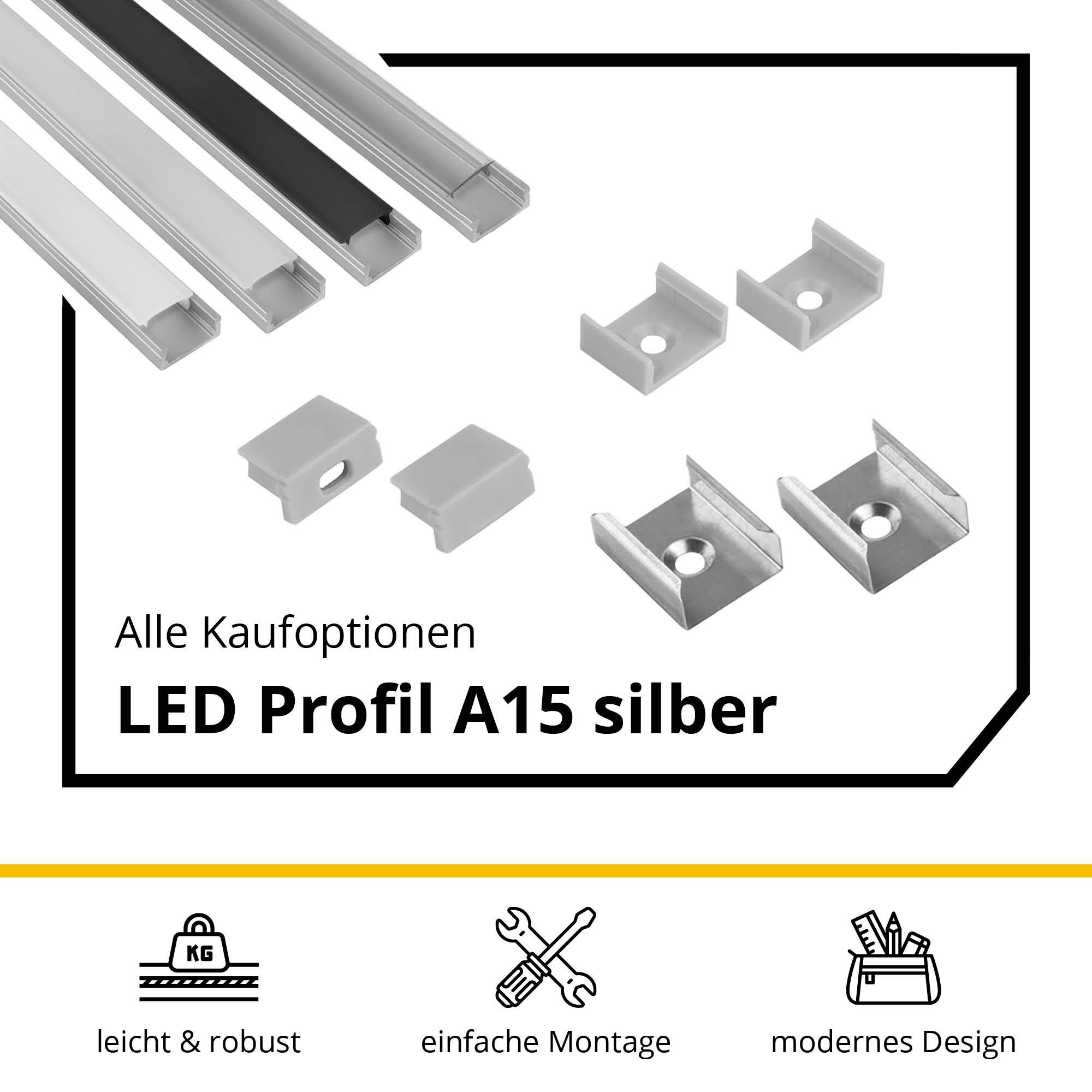 tktrading24 LED-Stripe-Profil A15 LED Aluprofil Silber mit Abdeckung - Premium LED-Profil