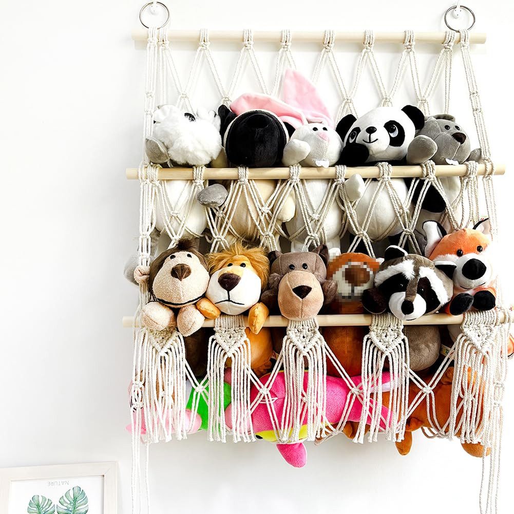 GarveeMore Hängekorb Boho Makramee Hängematte 2-lagig Wandnetz für Kuscheltiere, Platzsparender Organizer für Kinderzimmer, Spielzimmer, Schlafzimmer