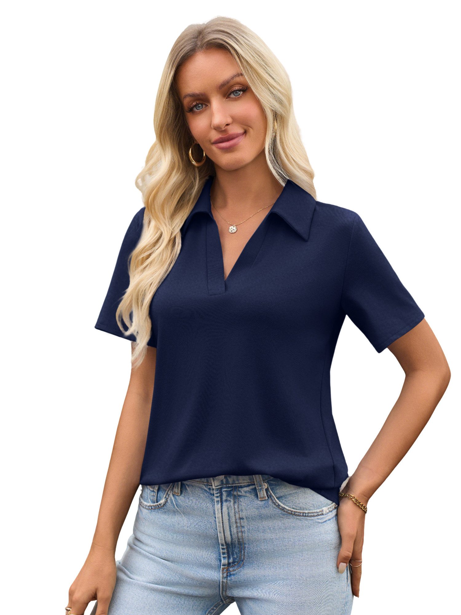 Imily Bela T-Shirt Damen Poloshirts mit V-Ausschnitt (Packung, 1-tlg., 1per-Pack) einfarbig