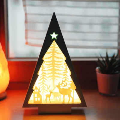 CiM LED Lichtbox 3D Papercut TREE - Forest, LED fest integriert, Warmweiß, 17x6x26cm, Shadowbox, Wohnaccessoire, Nachtlicht, kabellose Dekoration