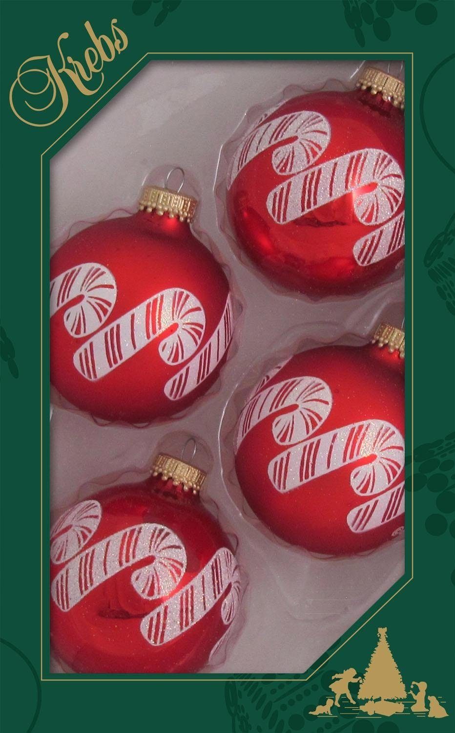 Weihnachtsbaumkugel Lauscha (4 Christbaumschmuck Glas St), Weihnachtsdeko Christbaumkugeln rot, Zuckerstangen, aus Krebs Glas