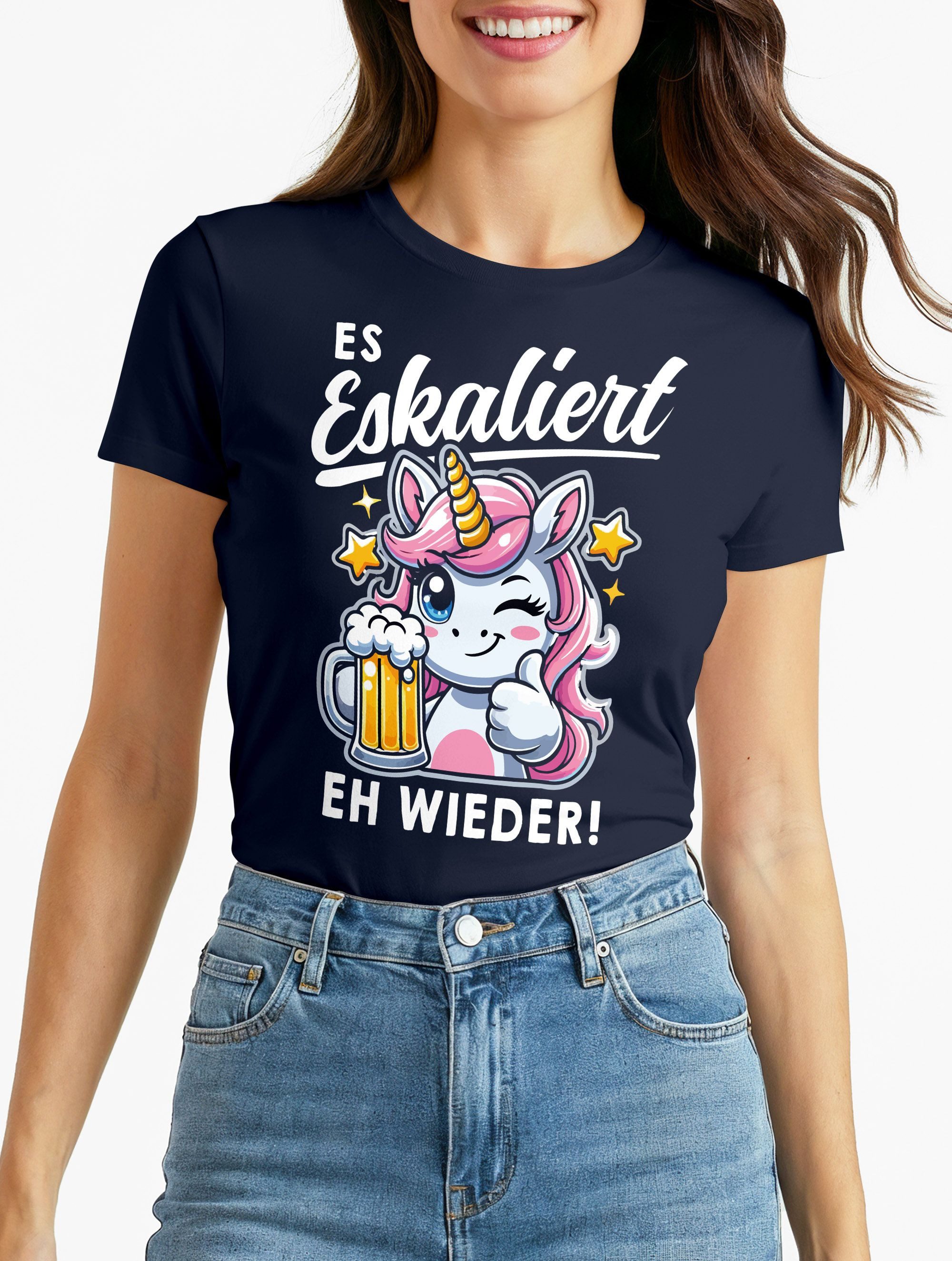 Print-Shirt Damen T-Shirt Spruch Es eskaliert eh Frosch Einhorn Clown Fasching