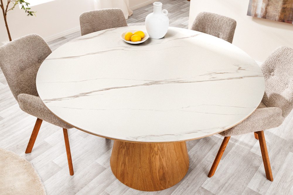 riess-ambiente Esstisch UNIQUE 120cm weiß / natur · runder Küchentisch mit Keramik-Platte (Einzelartikel, 1-St), 4 Personen · Säulenfuß · Eiche-Echtholzfurnier · Marmor-Design