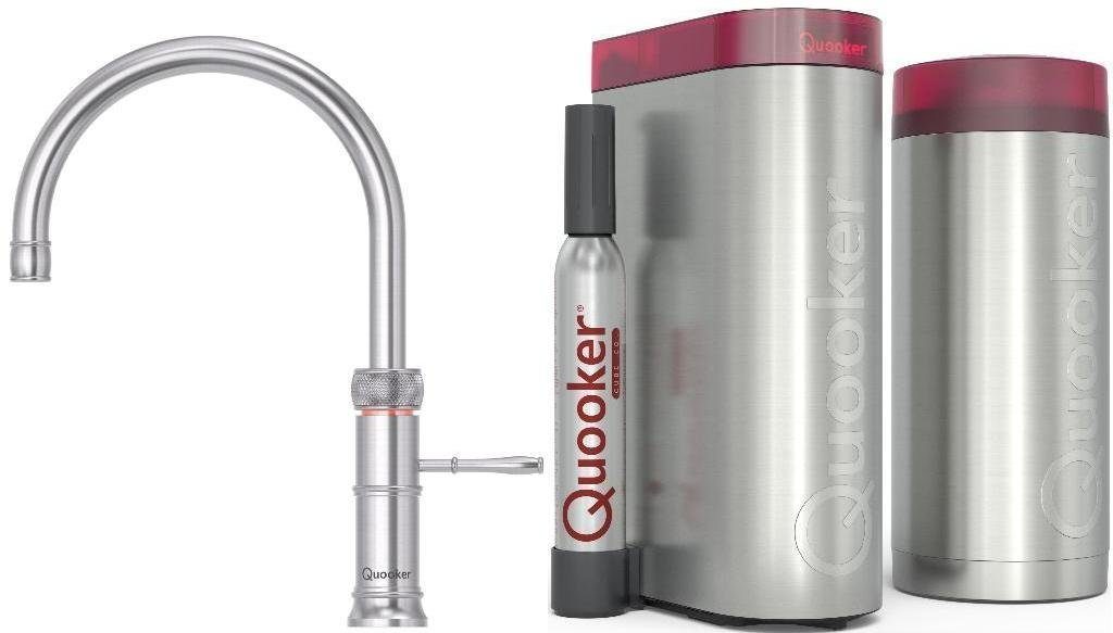 QUOOKER Küchenarmatur QUOOKER CLASSIC FUSION ROUND COMBI+ B mit CUBE 2 (22+CFRRVSCUBE) (2-St) 100°C Kochendwasserhahn Edelstahl mit Trinkwassersystem