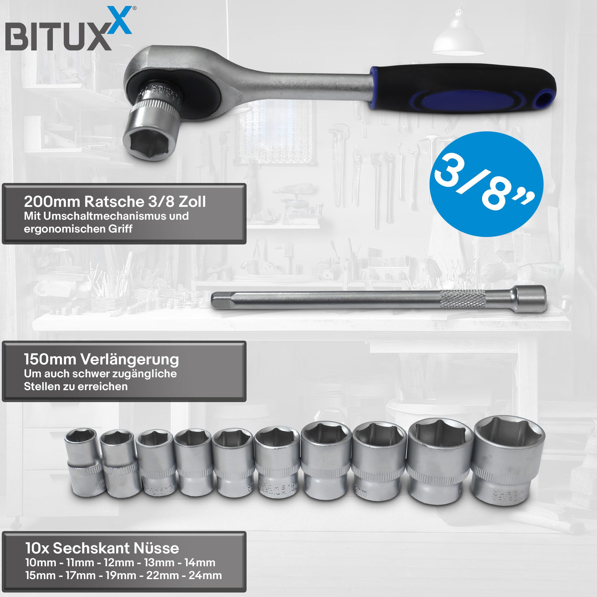 Bituxx Ratsche Set 3/8 Zoll 12 tlg. (Set, 12 St., MS-19500) – Bild 3 von 4