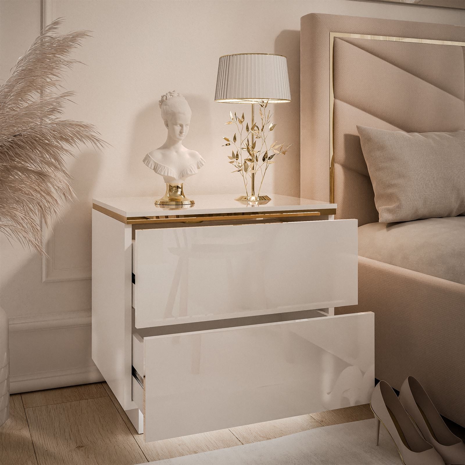 Lookway Nachttisch AURORA II im Weiß Hochglanz mit Beinen und LED-Beleuchtung (1x Nachttisch), Breite: 50 cm