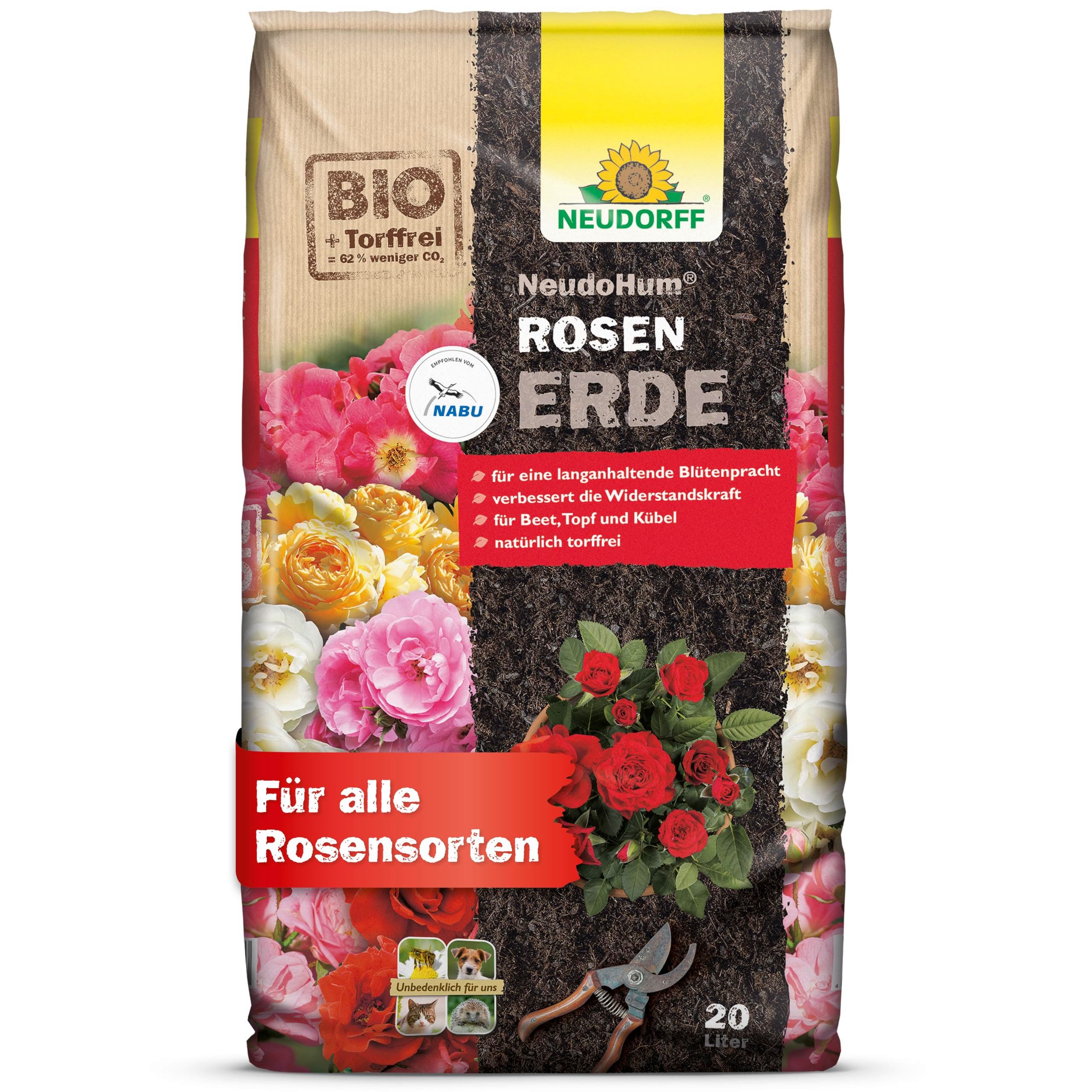 Neudorff Bio-Erde NeudoHum RosenErde 20 Liter, (Torffreie Bio-Erde mit Mycorrhiza, für 4 Wochen vorgedüngte Rosen Erde), fördert kräftige Rosen und Blüten im Beet, Topf und Kübel