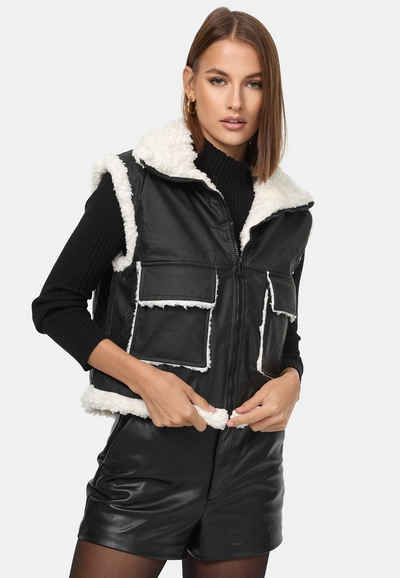 Worldclassca Lederimitatweste Worldclassca Damen Steppweste Kurz Lederimitat Fellimitat Winter S-XL