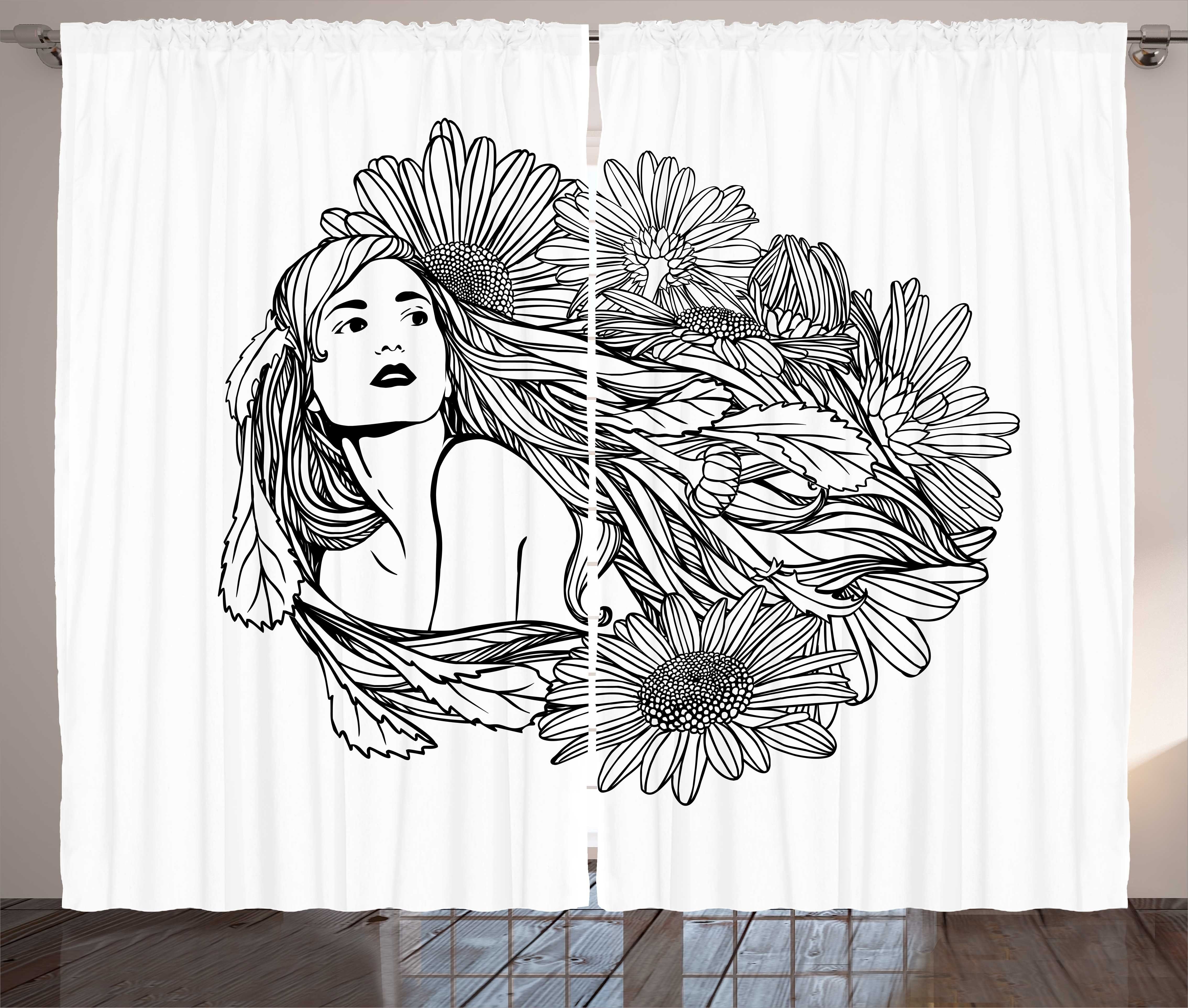Gardine Schlafzimmer Kräuselband Vorhang mit Schlaufen und Haken, Abakuhaus, abstrakte Frauen Kamillenblüten
