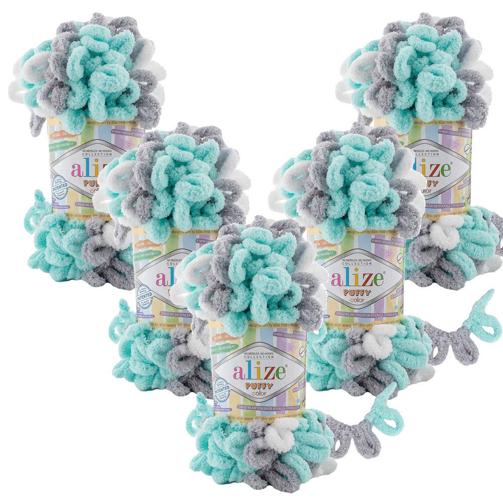 Alize 5 x ALIZE Puffy Color Häkelwolle, 9,2 m, Fingerstrick, mehrfarbige Schlaufenwolle,super bulky,Baby Deckengarn