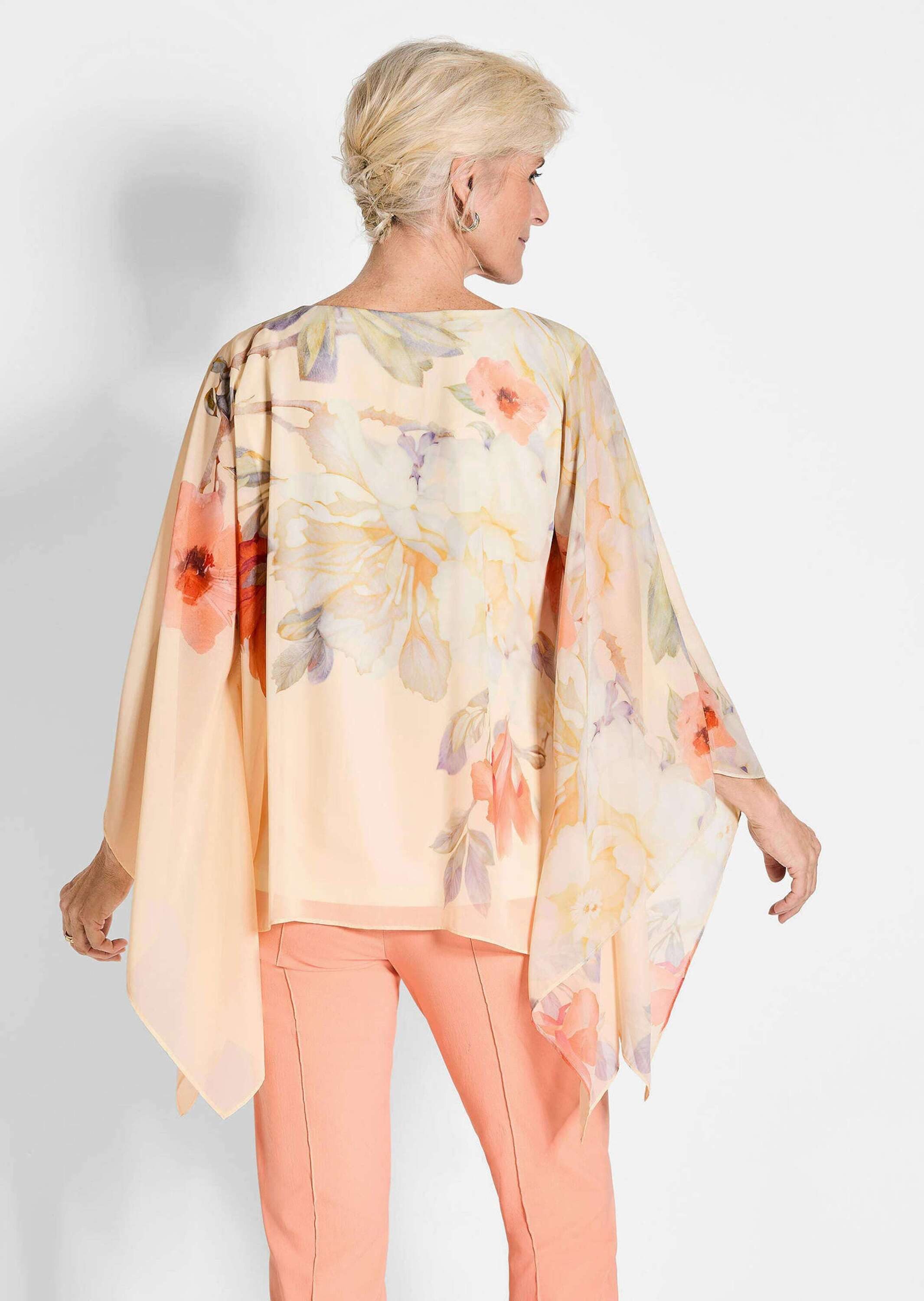 GOLDNER Klassische Bluse Kurzgröße: Chiffonbluse mit floralem Design Leicht transparente Bluse mit Jersey-Top, Schlupfbluse mit Chiffon