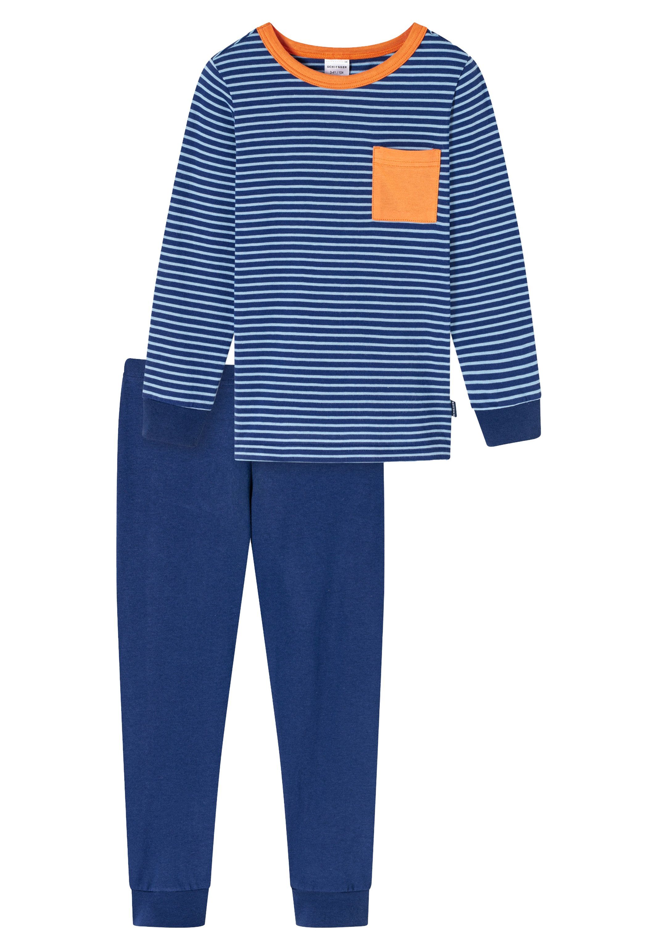 Schiesser Pyjama Natural Love Organic Cotton (Set, 2 tlg) Schlafanzug - Baumwolle - Bequeme Bündchen an Armen und Beinen blau