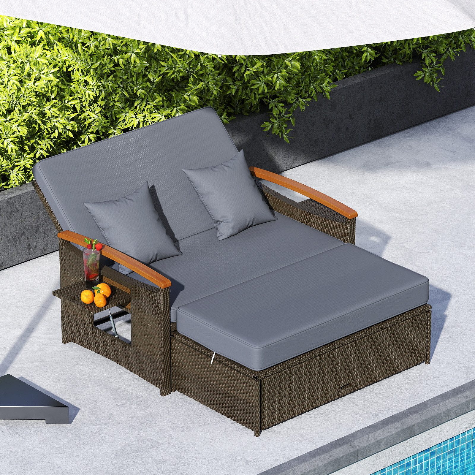 COSTWAY Loungebett, outdoor, Rattan, 2-Personen, Gartenliege mit verstellbarer Rückenlehne