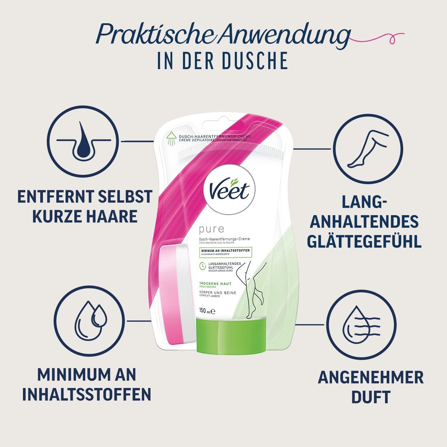 Veet Enthaarungscreme pure für Körper, Arme & Beine 150 ml, 1 St., Dusch-Haarentfernungscreme, geeignet für trockene Haut