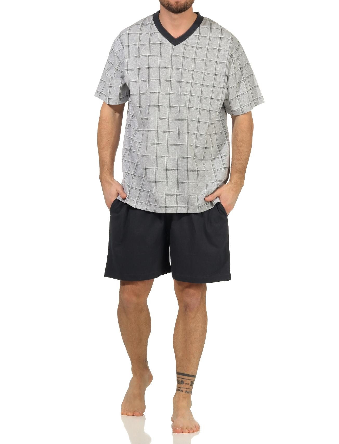 Pyjama Herren Schlafanzug kurzarm Shorty Pyjama mit karierten Oberteil